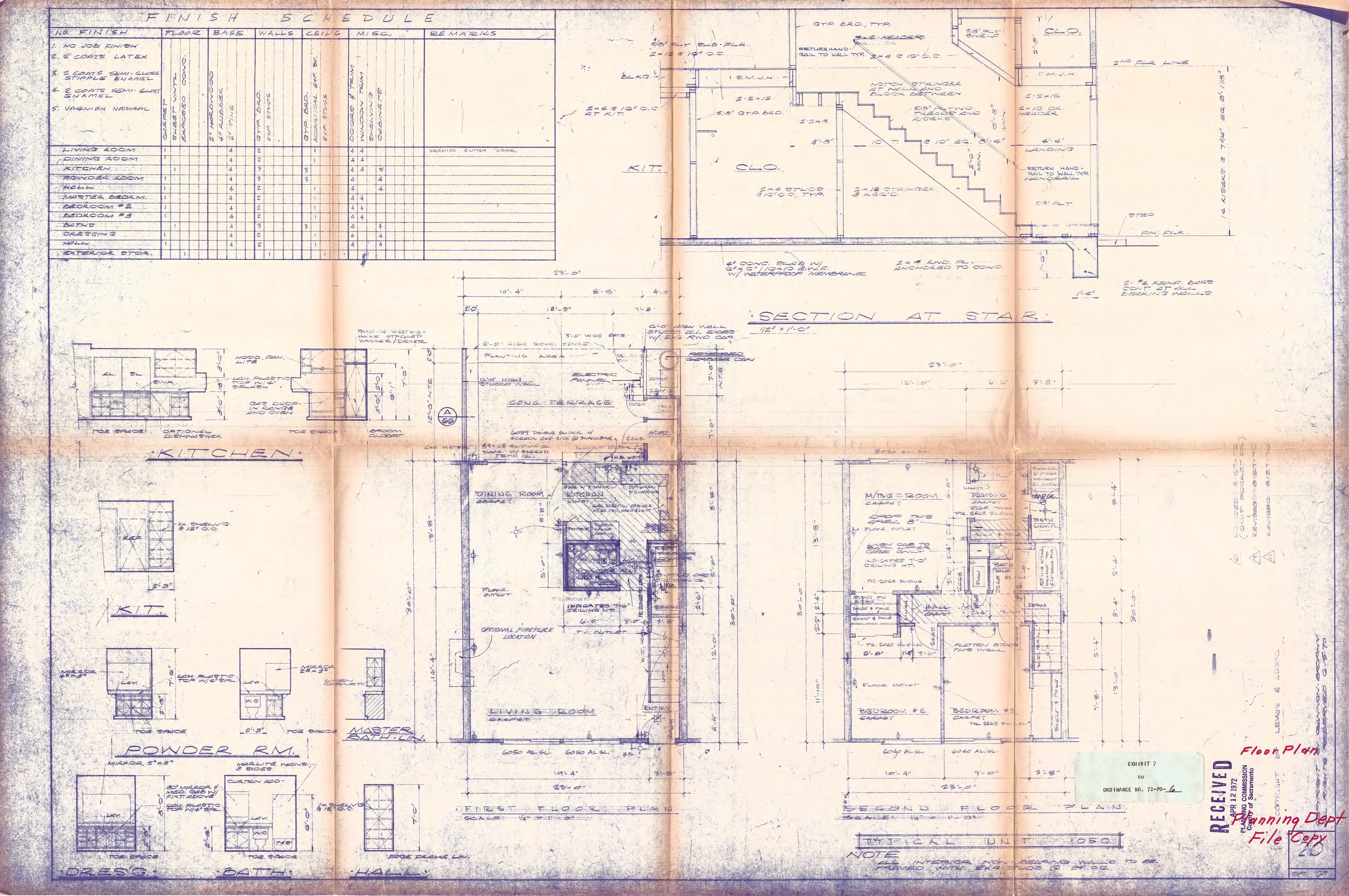 Typical floor plans for the 1050 townhouse unit, showing first- and second-floor layouts with three bedrooms, a stair section, and a schedule of finishes.