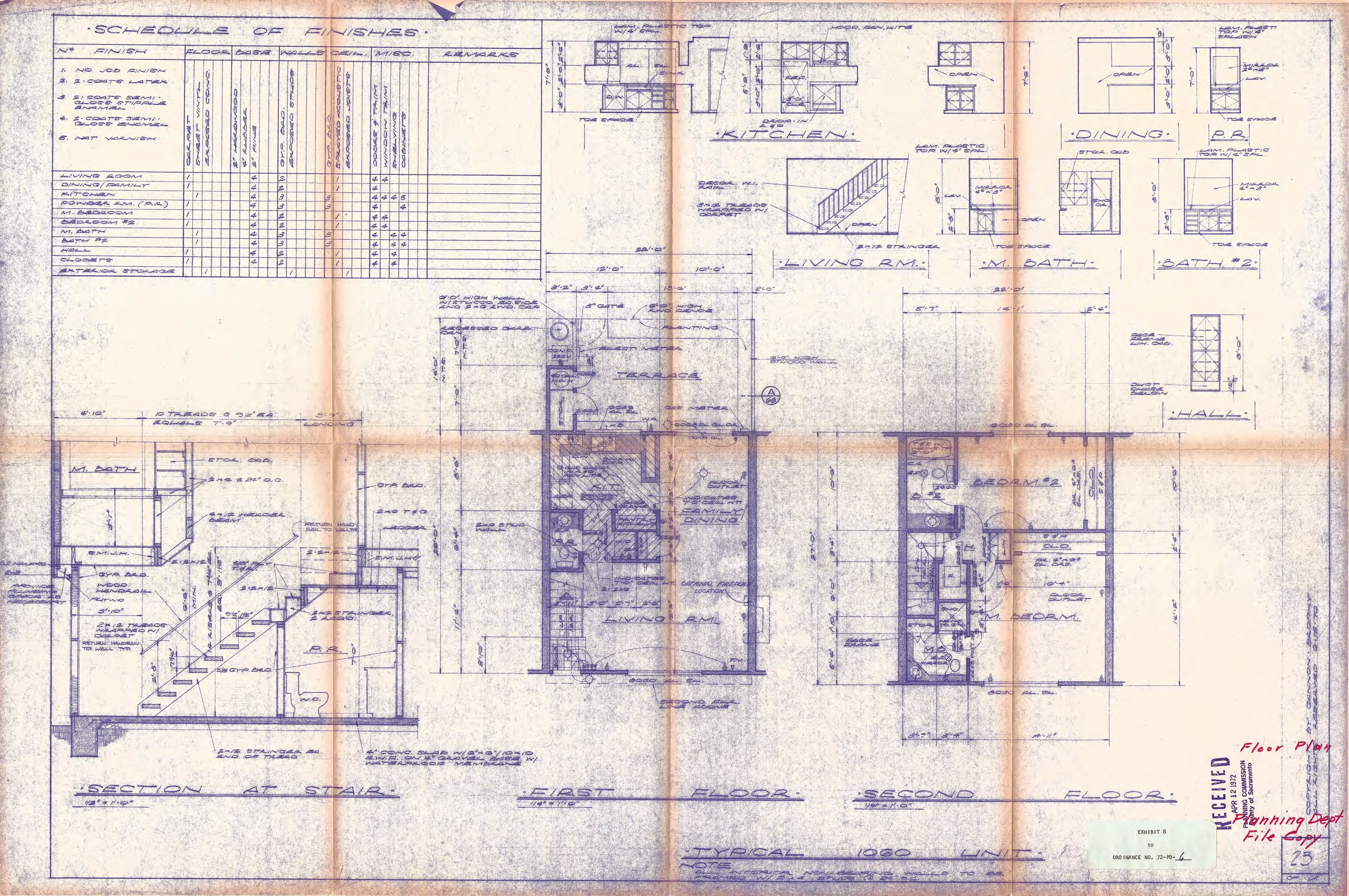 Typical floor plans for the 1060 townhouse unit, showing first- and second-floor layouts with a dining and family area, a stair section, and a schedule of finishes.