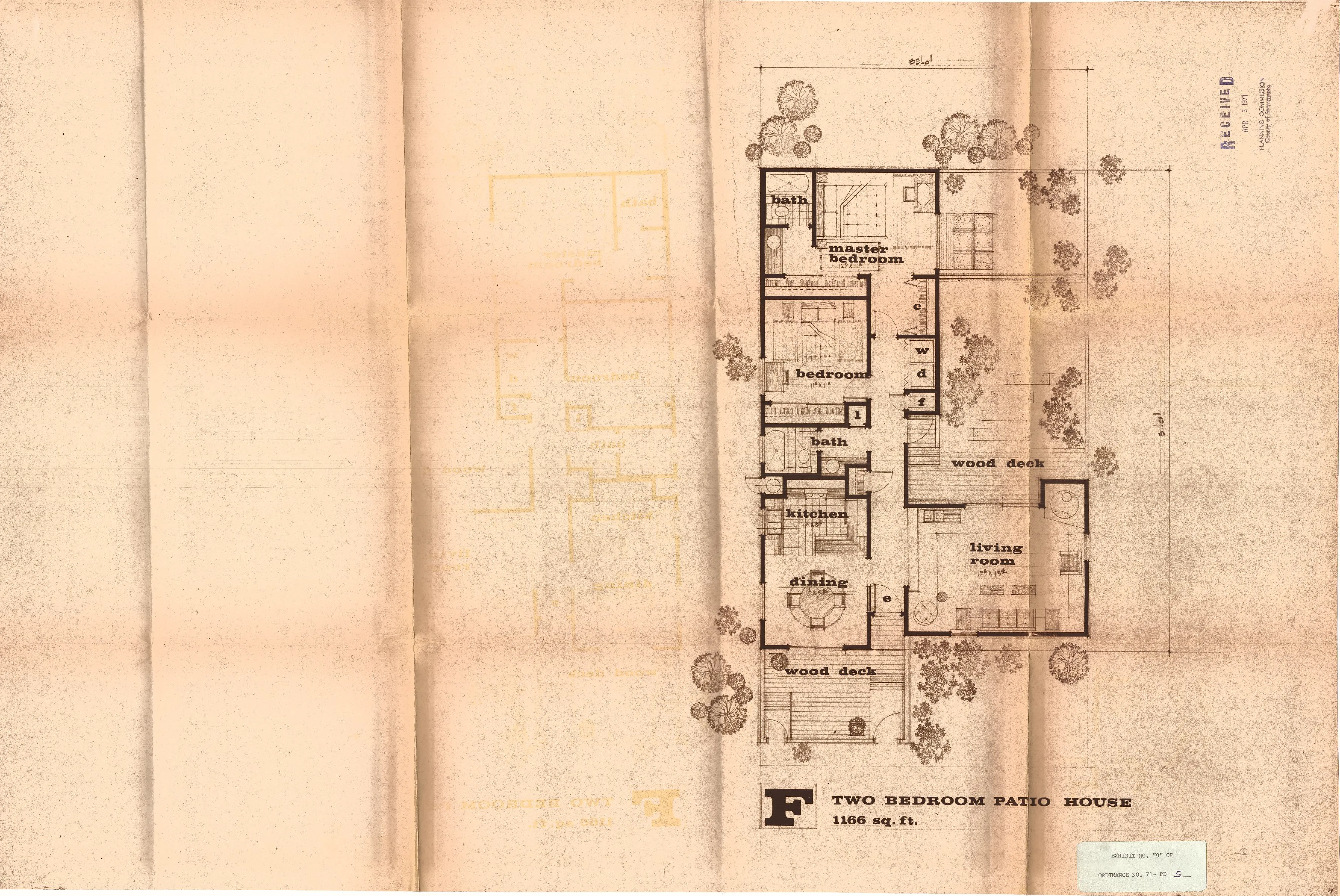 Floor plan of the Type F two-bedroom patio house (1,166 square feet) with wood decks.