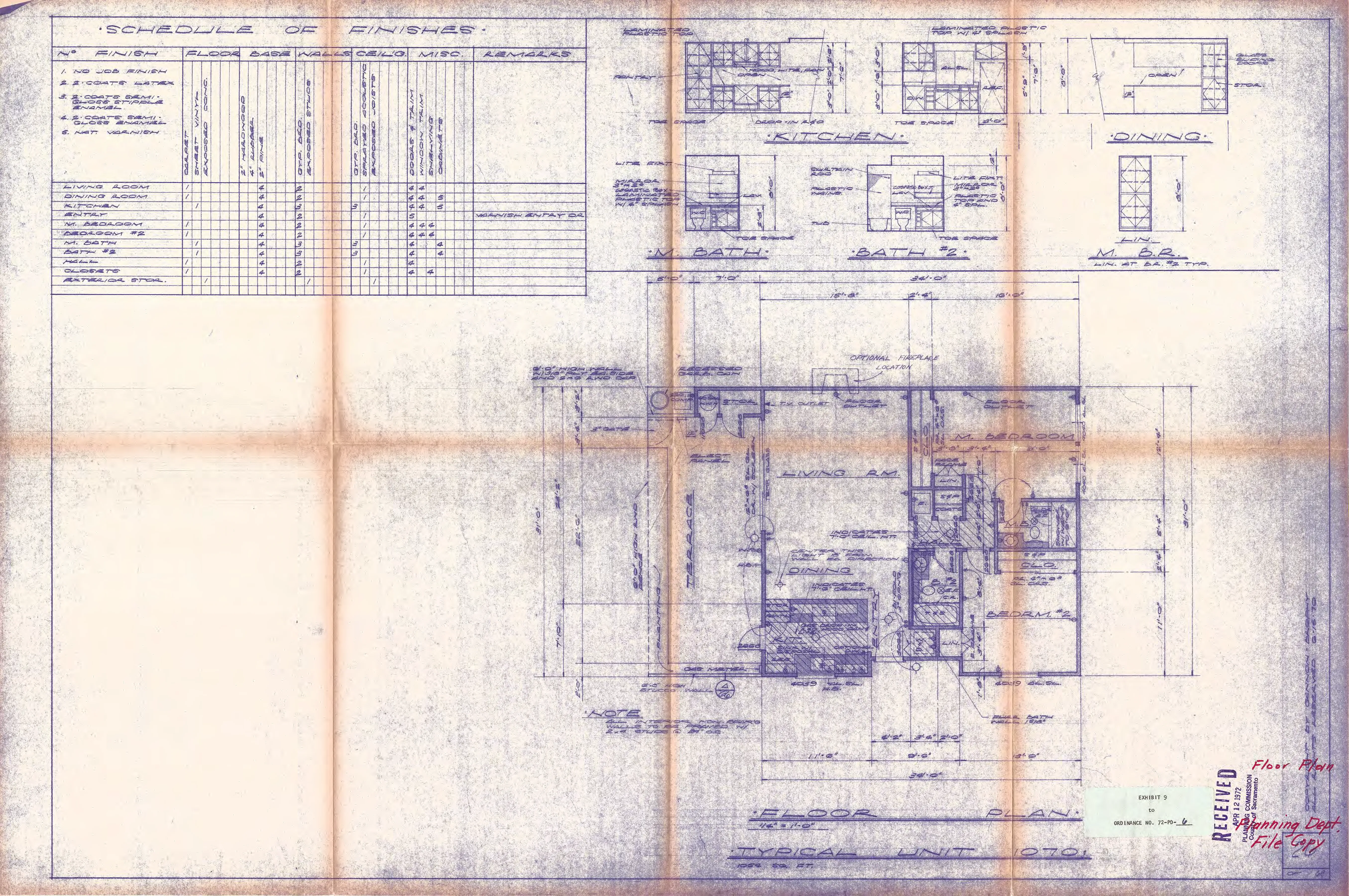 Typical floor plan for the 1070 townhouse unit, showing the living room, dining room, kitchen, master bedroom, and baths, accompanied by a schedule of finishes.