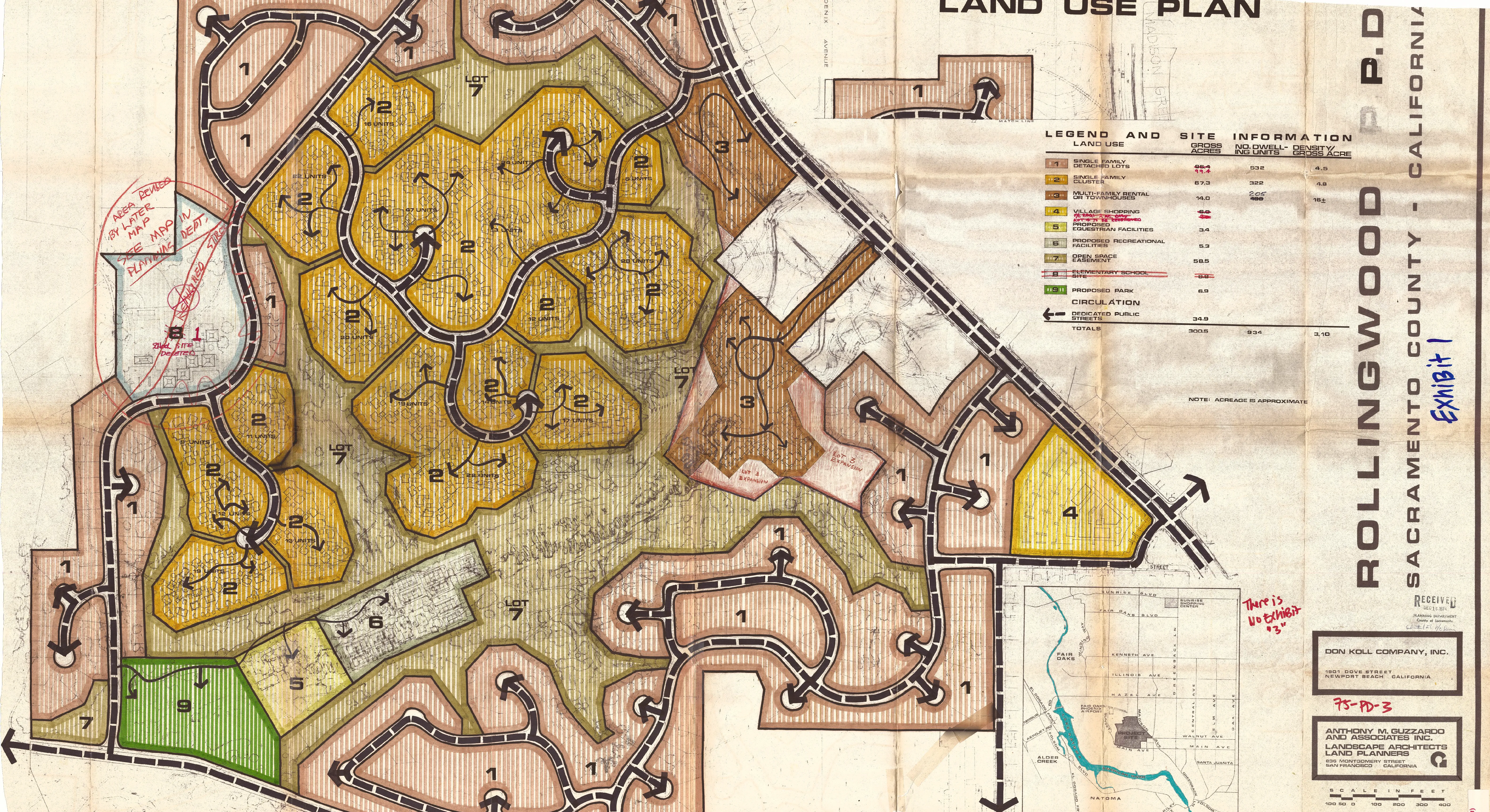 Exhibit 1 - The Land Use Plan for Rollingwood showing single-family detached lots, single-family cluster lots, multifamily rental/townhouse areas, a village shopping center, proposed equestrian facilities, proposed recreational facilities, an open space easement, an elementary school site, and a proposed park. The elementary school site was eliminated for single-family residential development.