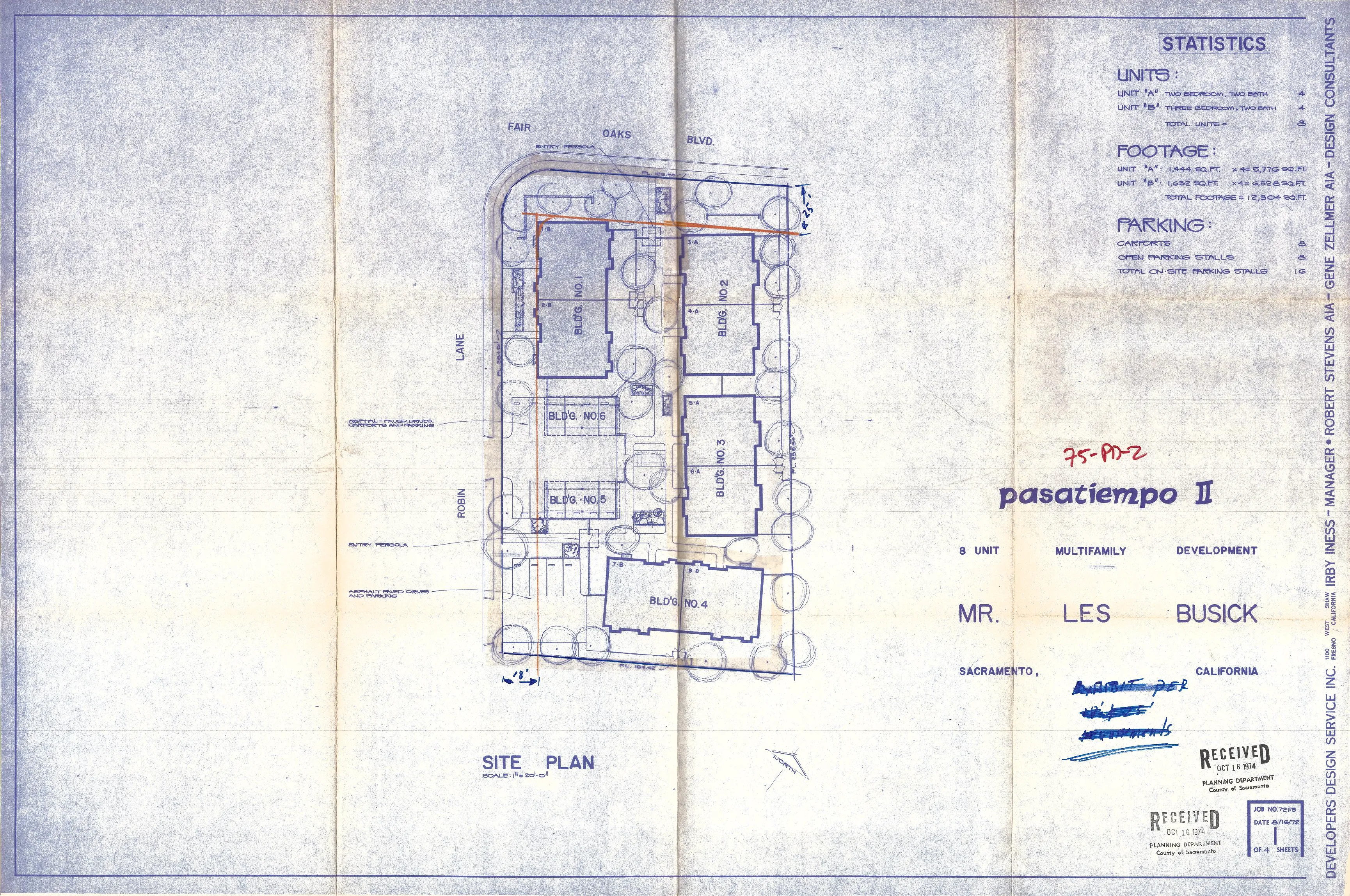 Site plan of Pasatiempo II development, a development with 4 residential buildings and 2 detached carports.
