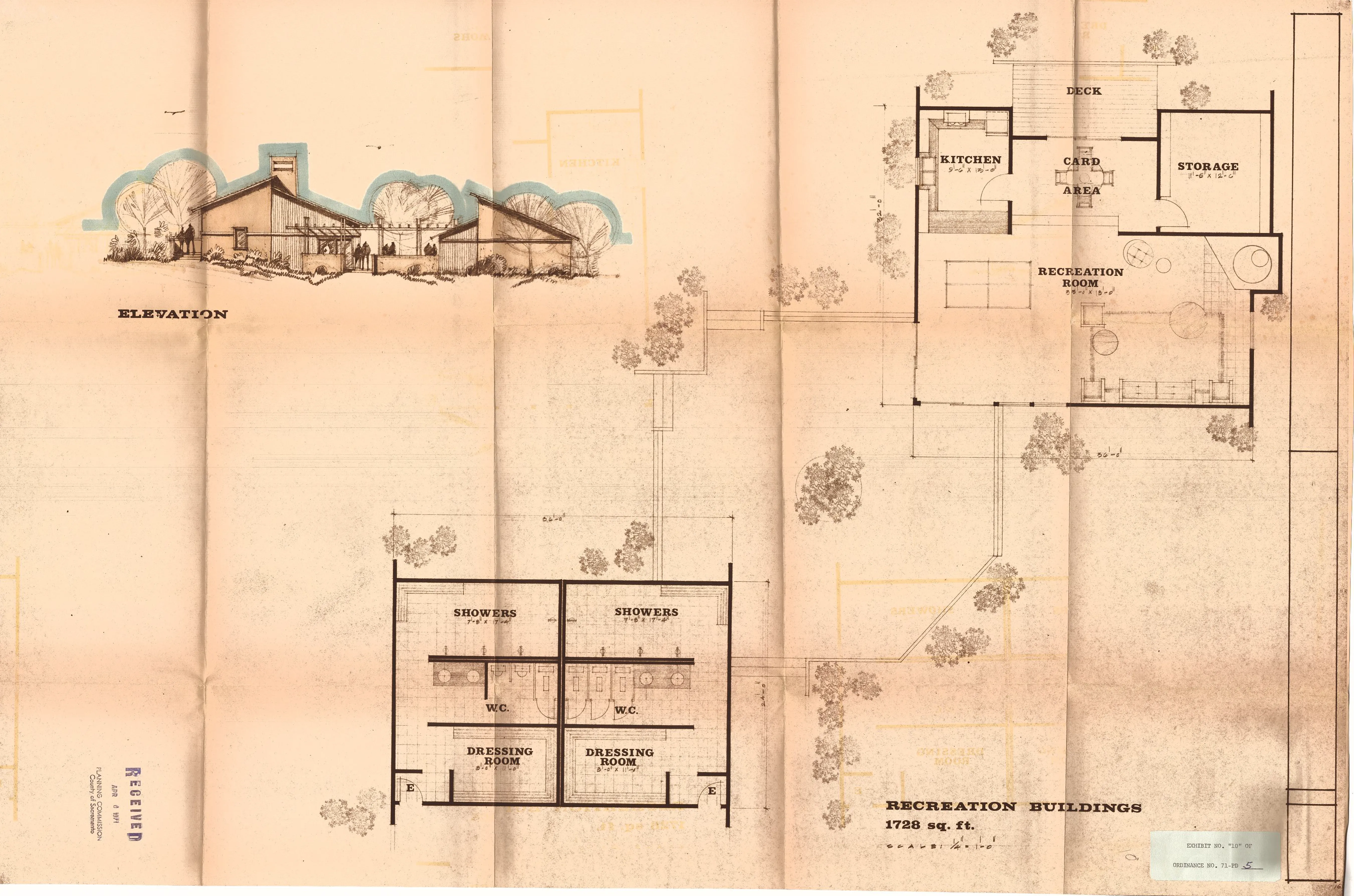 Floor plan and elevation of the recreation building (1,728 square feet), showing a recreation room, card and storage area, kitchen, dressing rooms, showers, and deck.