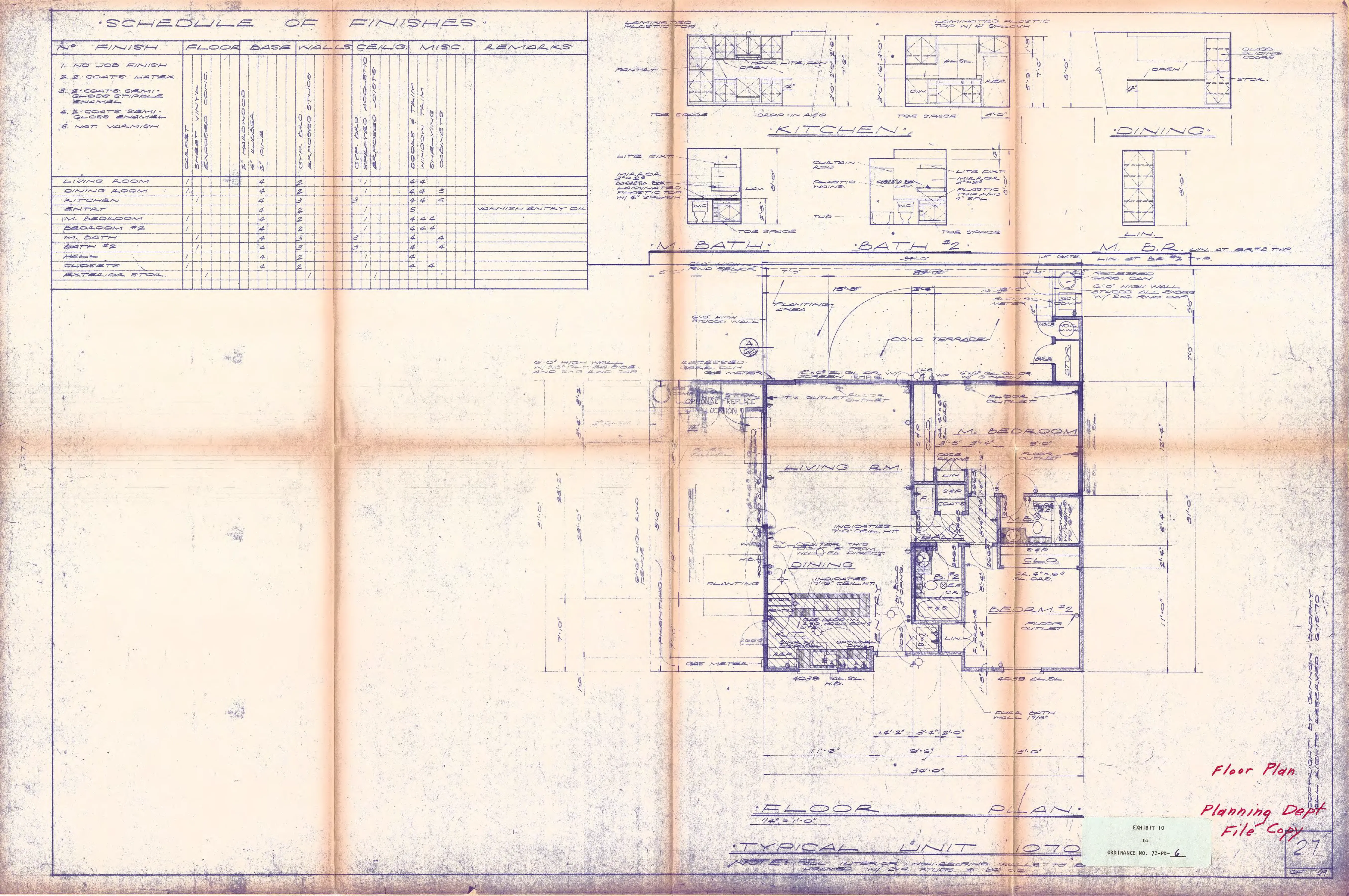 Typical floor plan for the 1070 townhouse unit, showing the living and dining rooms, kitchen, bedrooms, and baths, with a schedule of finishes.