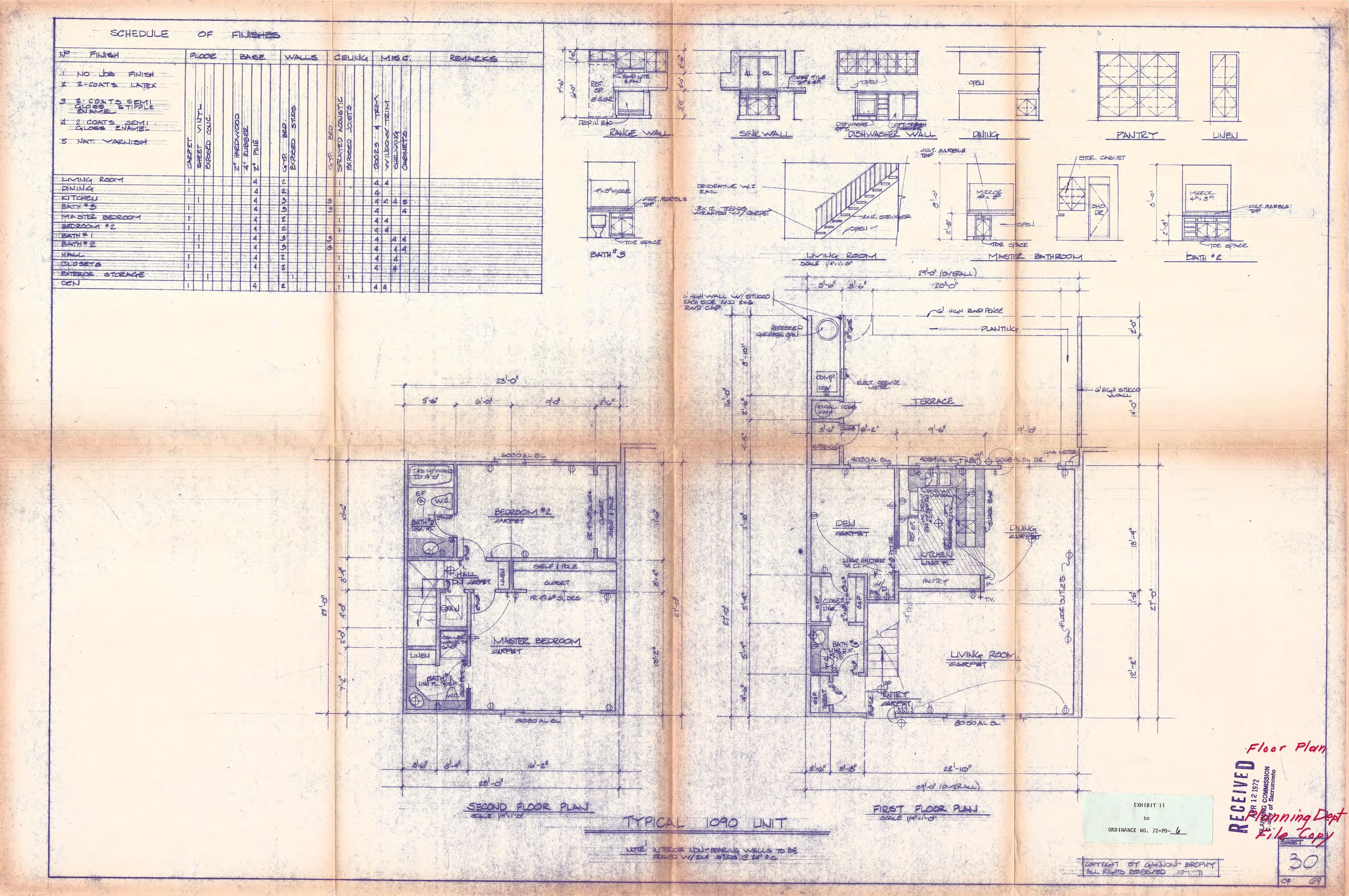 Typical first- and second-floor plans for the 1090 townhouse unit, showing a den, master bedroom, additional bedrooms, and multiple baths, with a schedule of finishes.