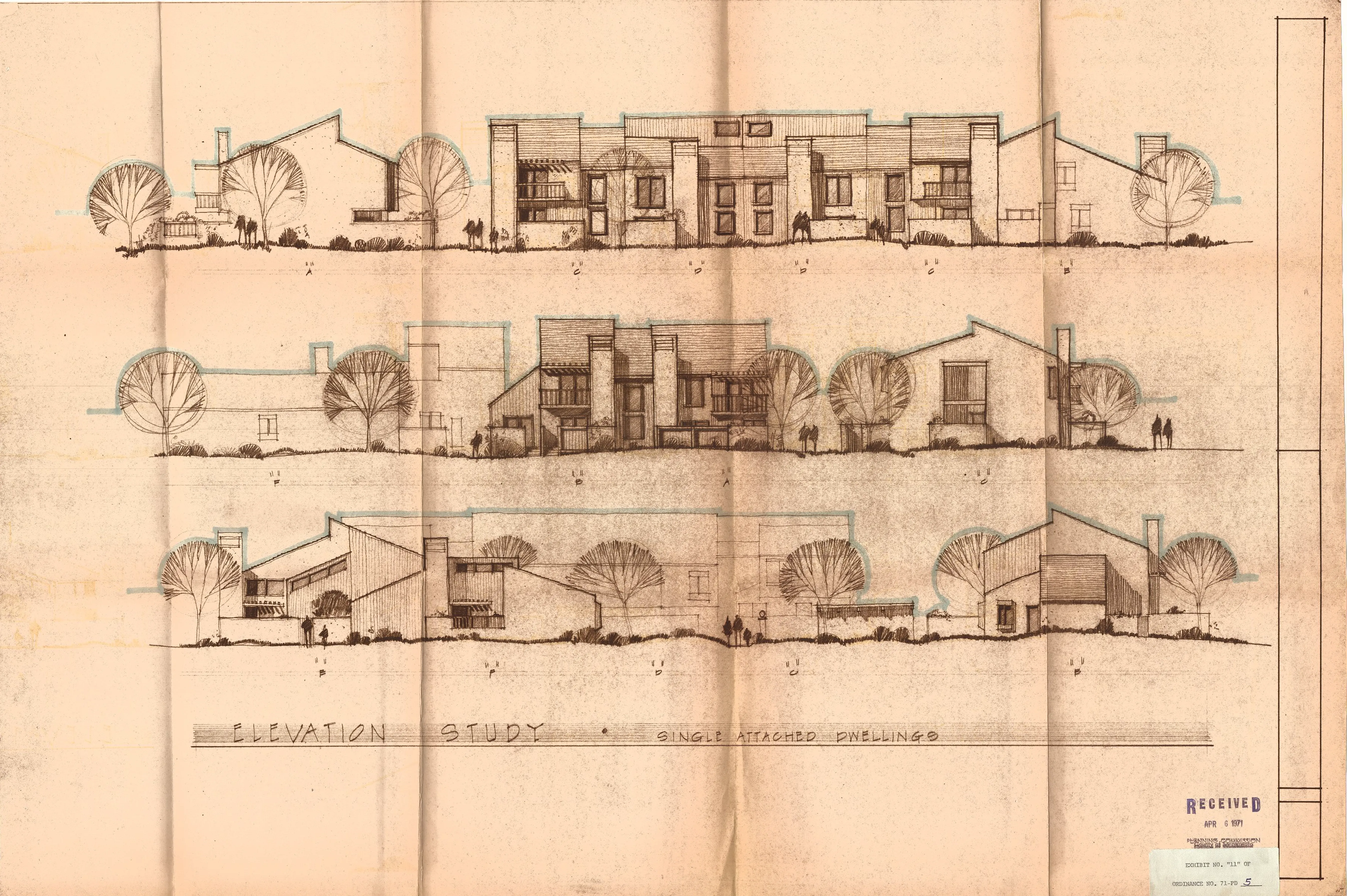 Elevation study of the single attached dwellings (townhouses).