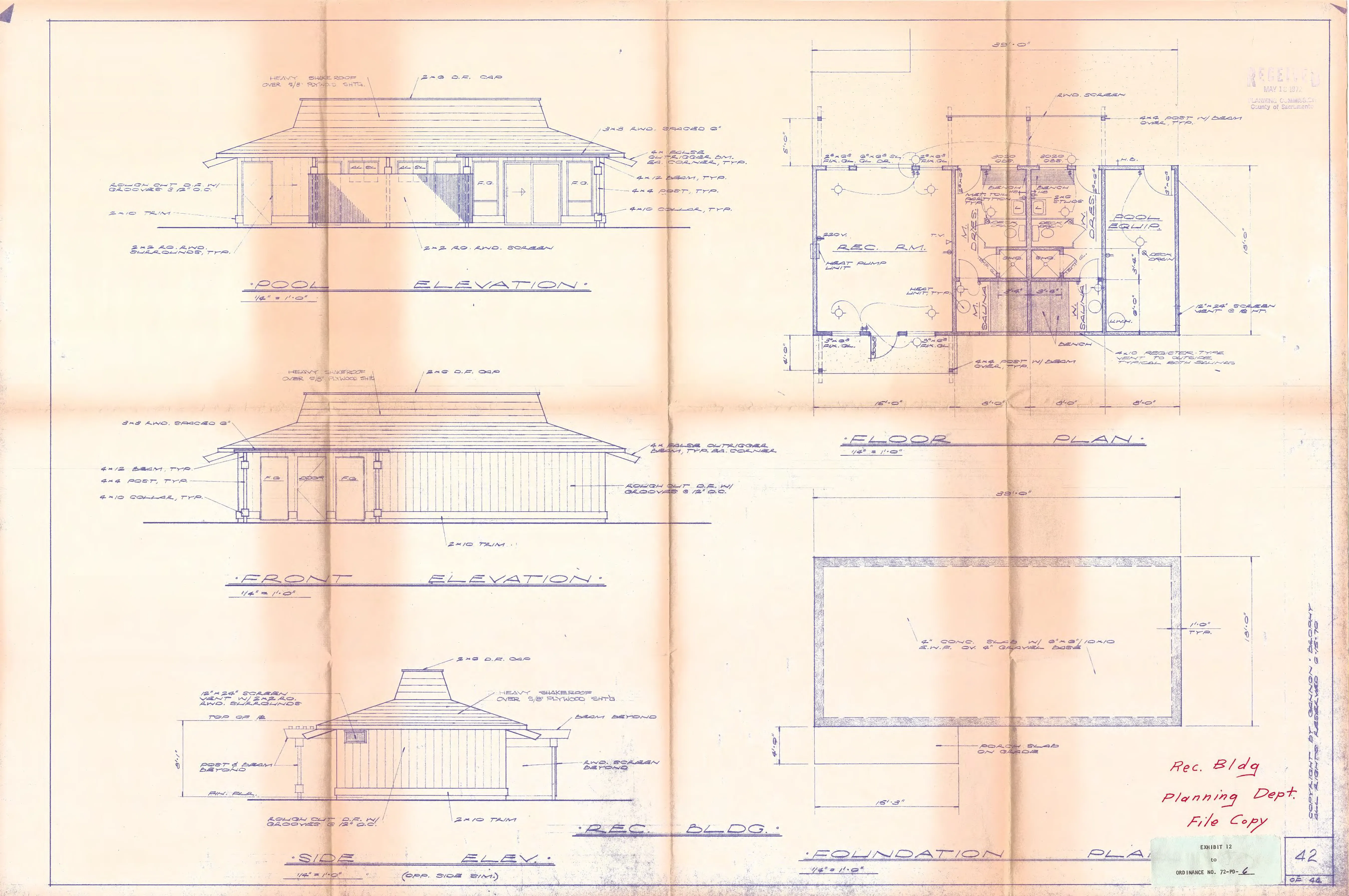 Elevations, floor plan, and foundation plan of the recreation building, including the pool equipment room and heat-pump unit, with an adjoining pool elevation.