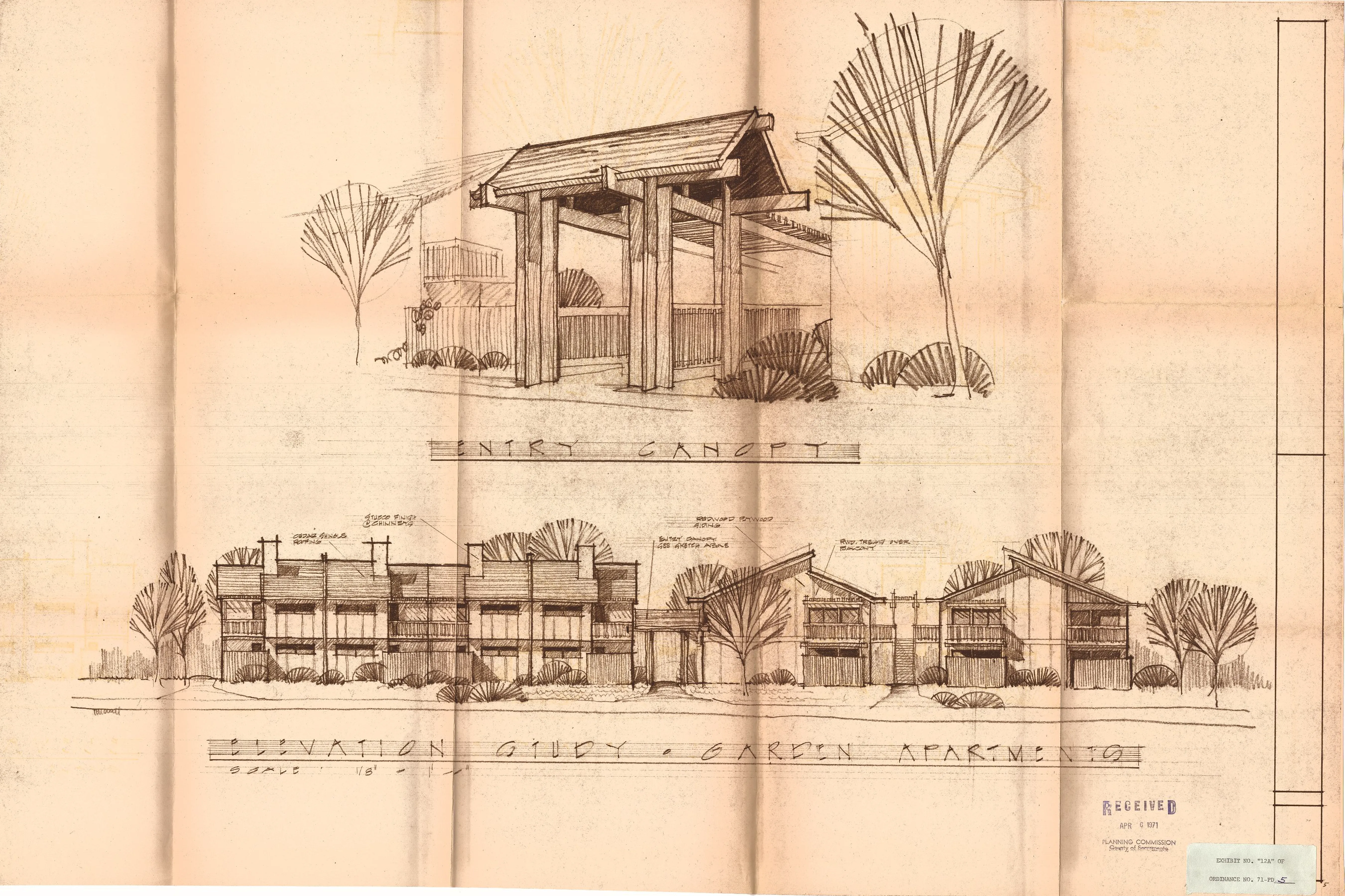 Elevation study of the garden apartments, showing stucco, redwood plywood, and cedar-shingle finishes.