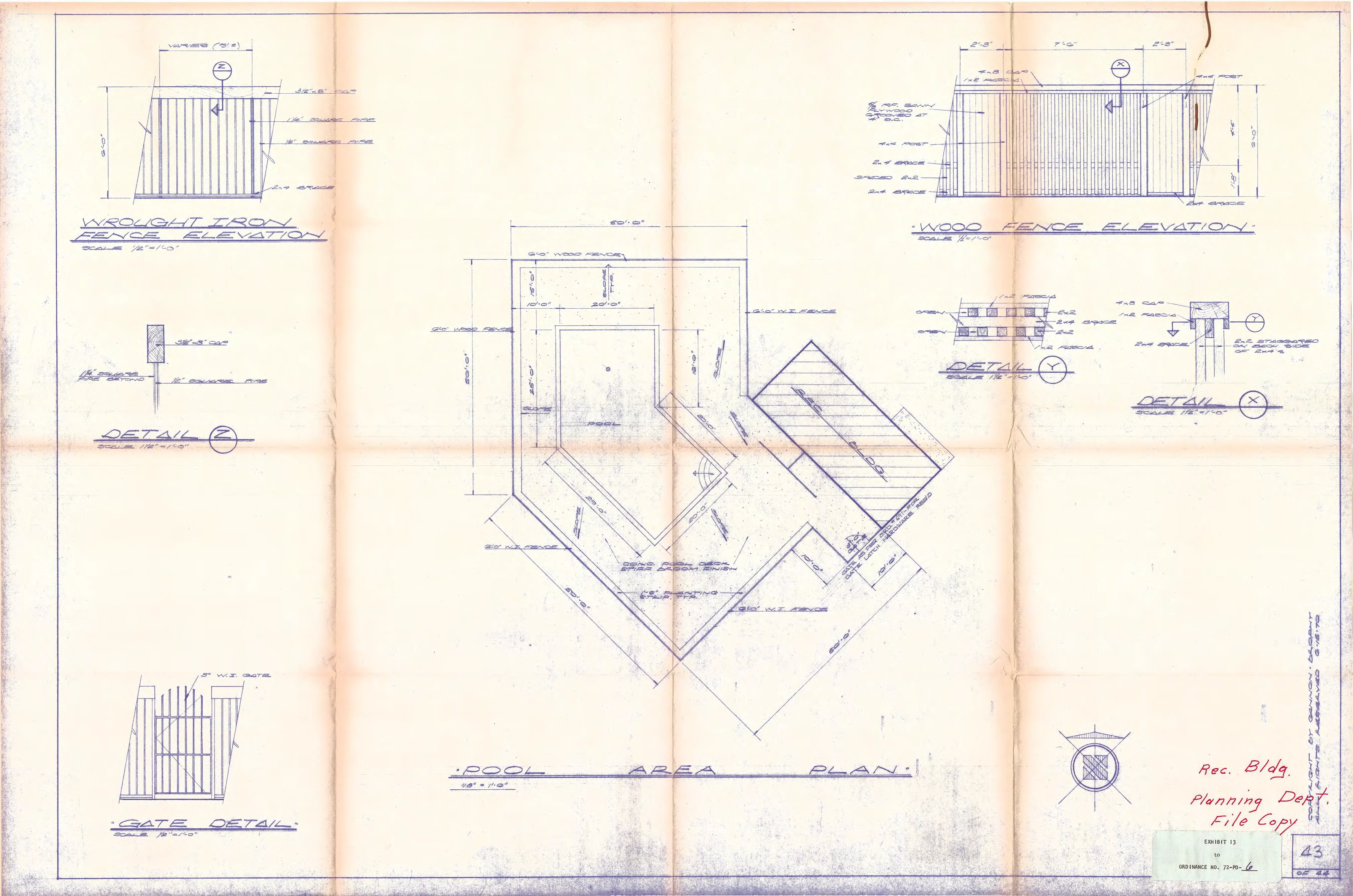 Pool area plan showing the diagonally oriented swimming pool with wood-fence and wrought-iron fence elevations and gate details.