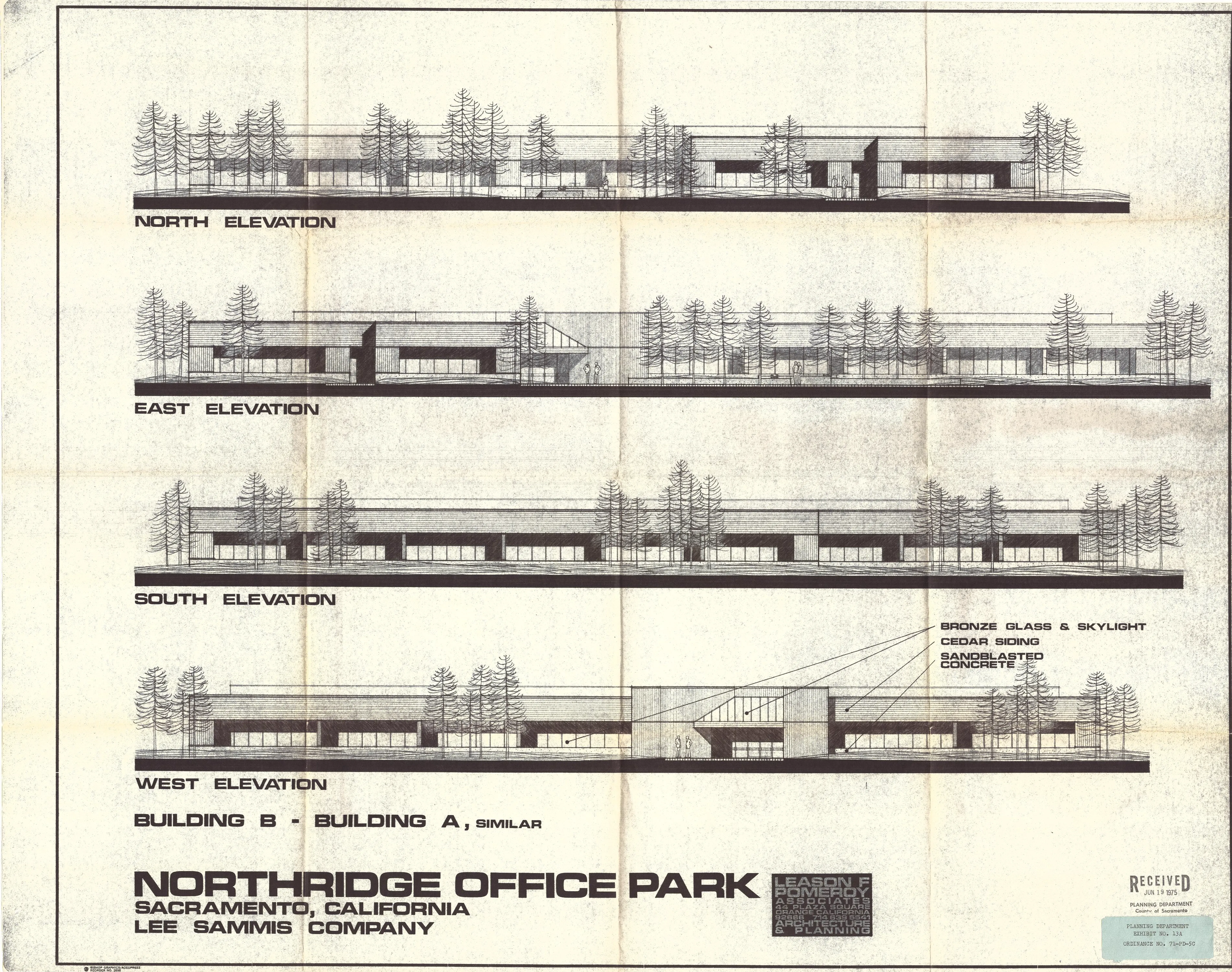 Elevation study of the business and professional offices showing the use of bronze glass, cedar siding, and sandblasted concrete for the exterior.