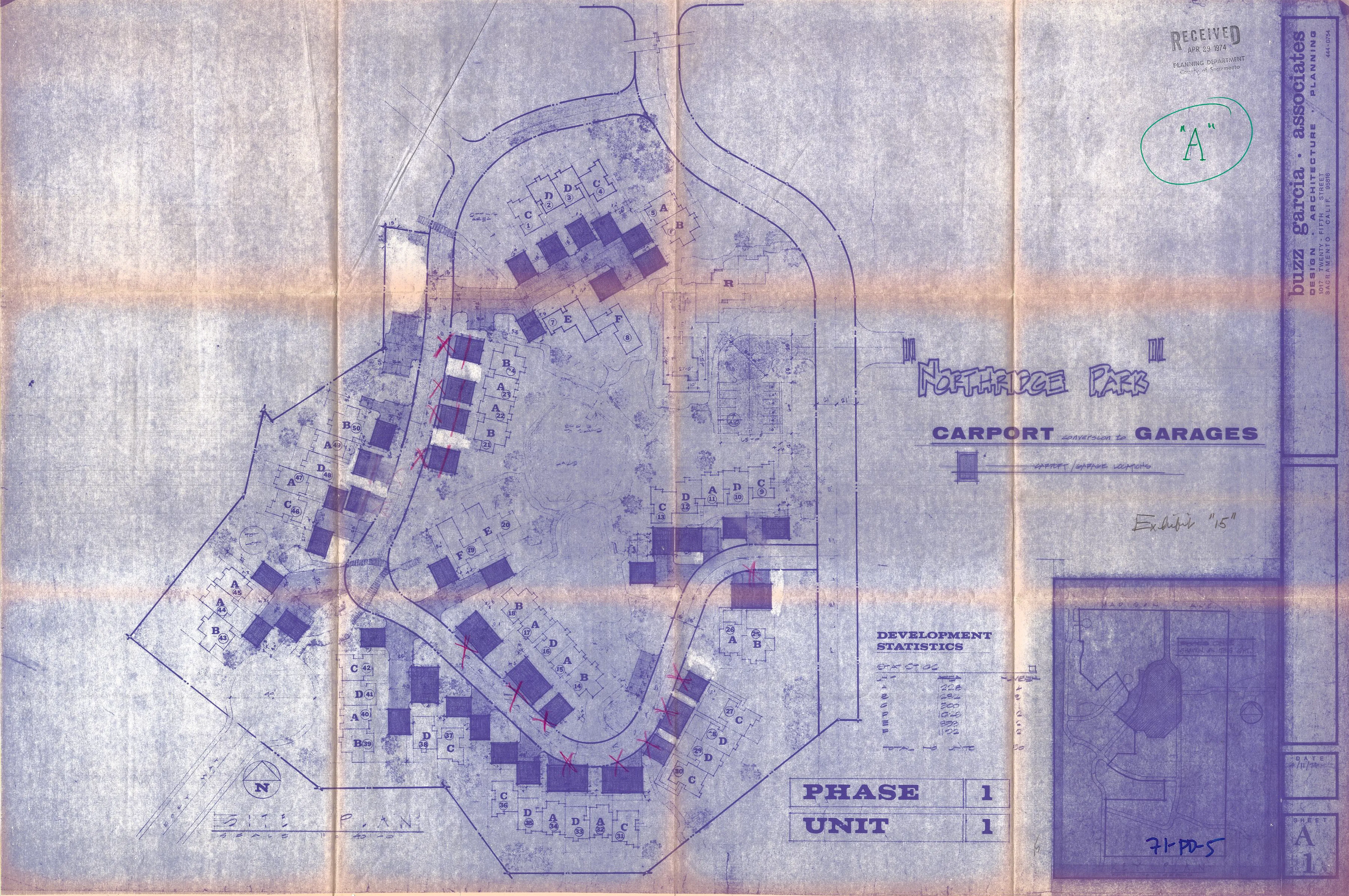 Location plan showing the conversion of carports to garages at Northridge Park, with affected building units keyed on the site plan.