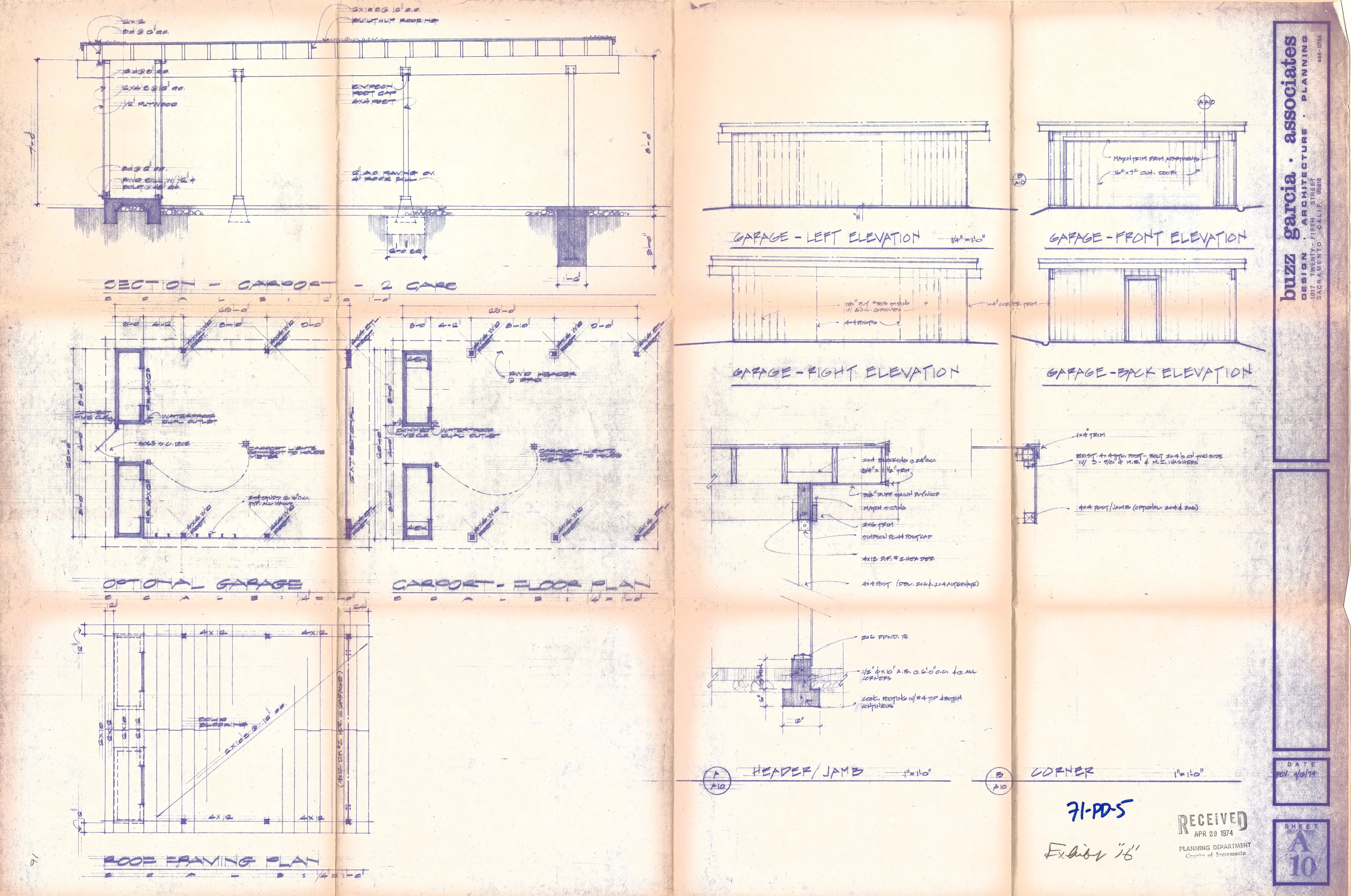 Typical plans and elevations of the garages, showing front, back, left, and right elevations and roof framing.