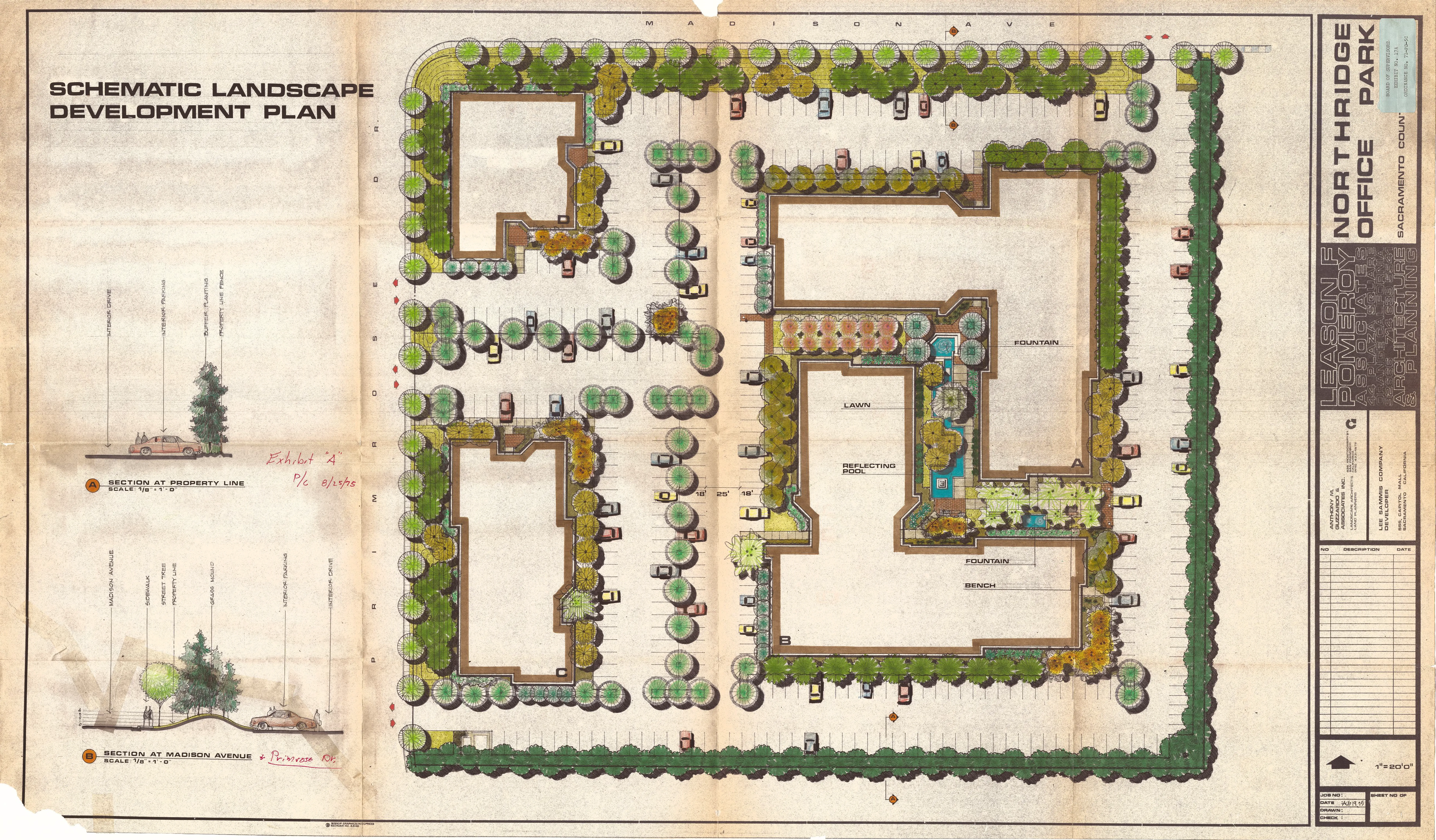 Schematic landscape development plan for Northridge Office Park showing office buildings, a pool, fountains, and landscaped berms off Madison Avenue and Primrose.