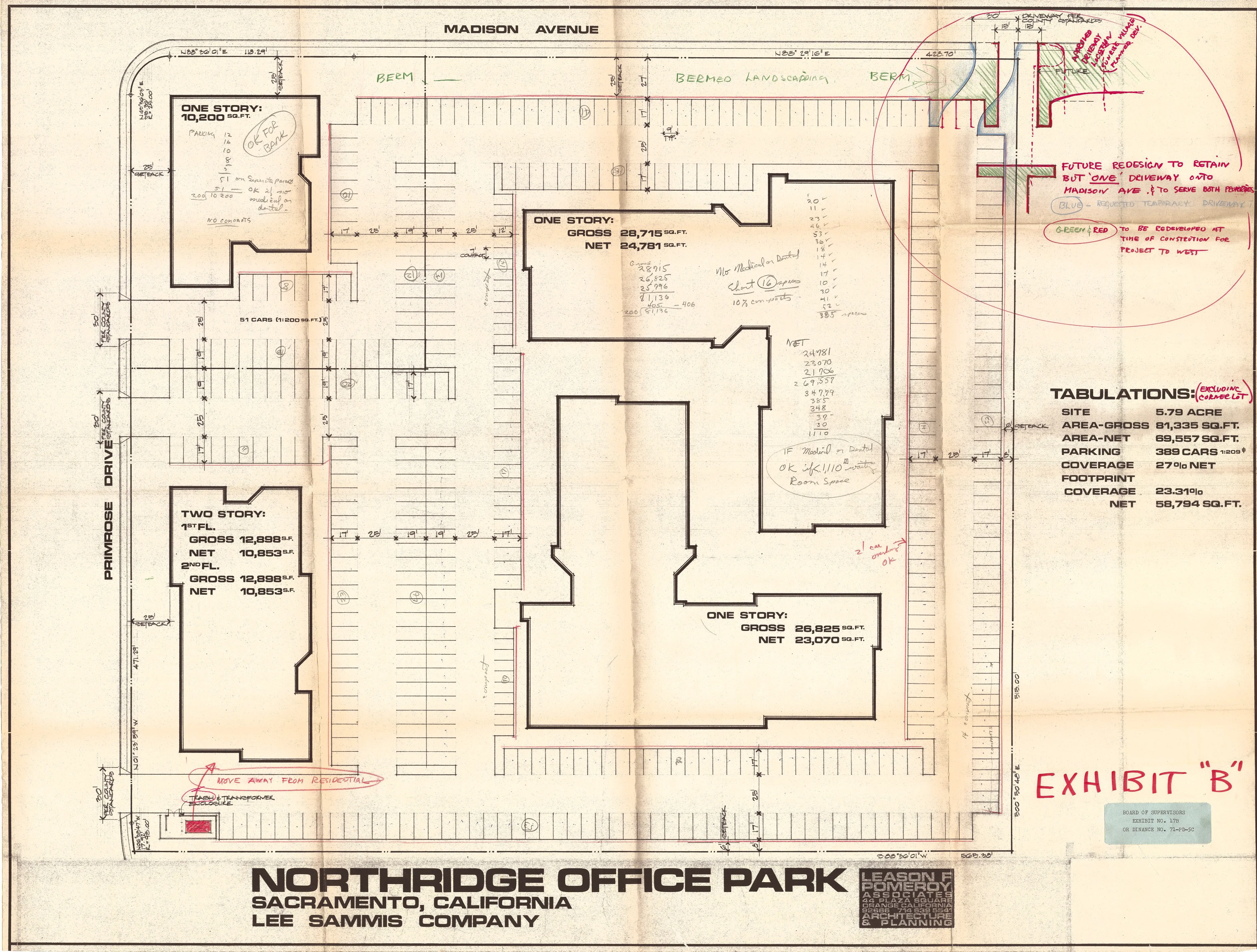 Parking, traffic-pattern, and driveway plan for Northridge Office Park showing the temporary and joint-use driveway locations onto Madison Avenue.