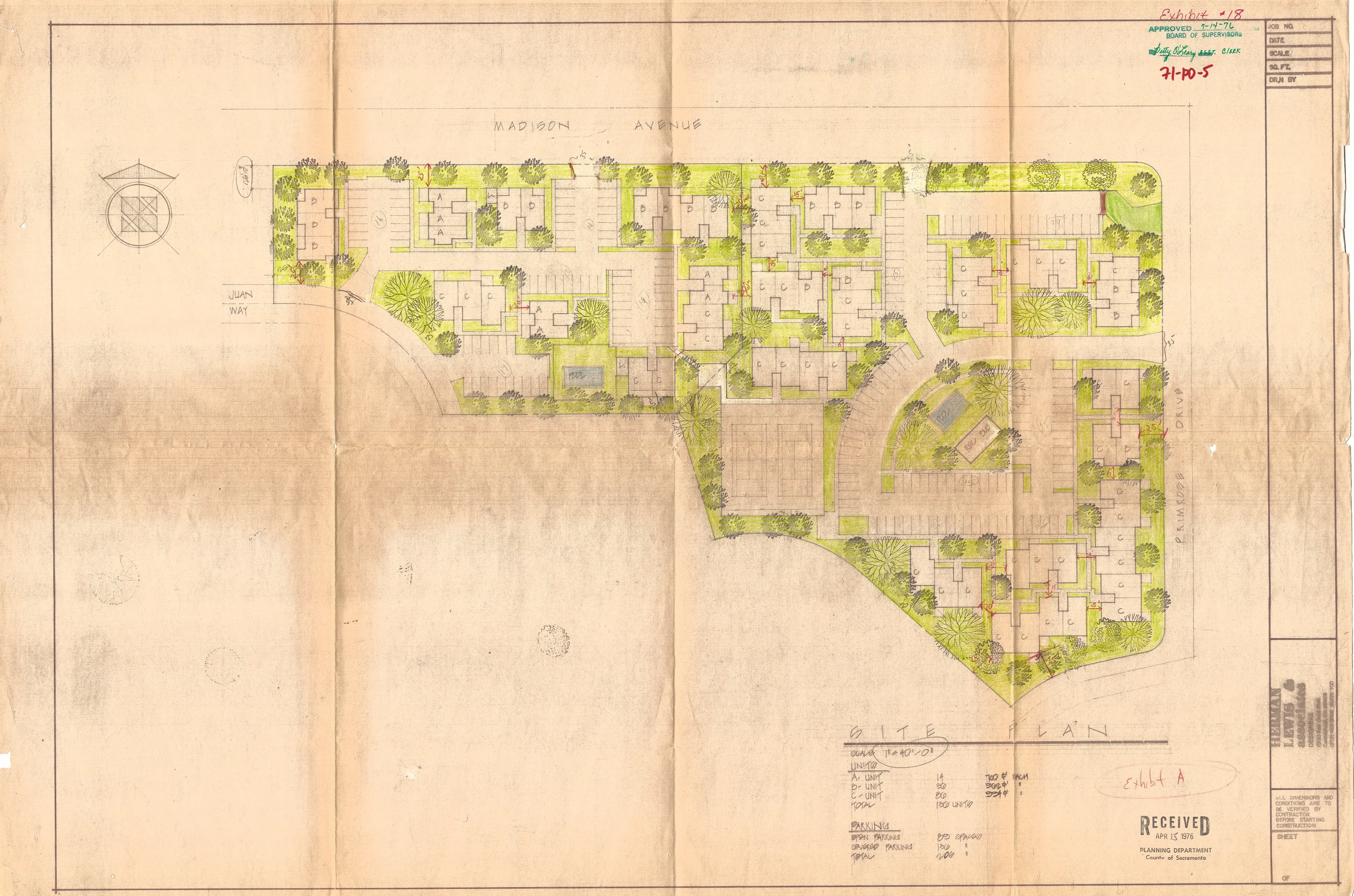 Site plan for Lake Knolls Apartments showing clustered A, B, and C dwelling units, a swimming pool, and covered and open parking off Madison Avenue and Juan Way.