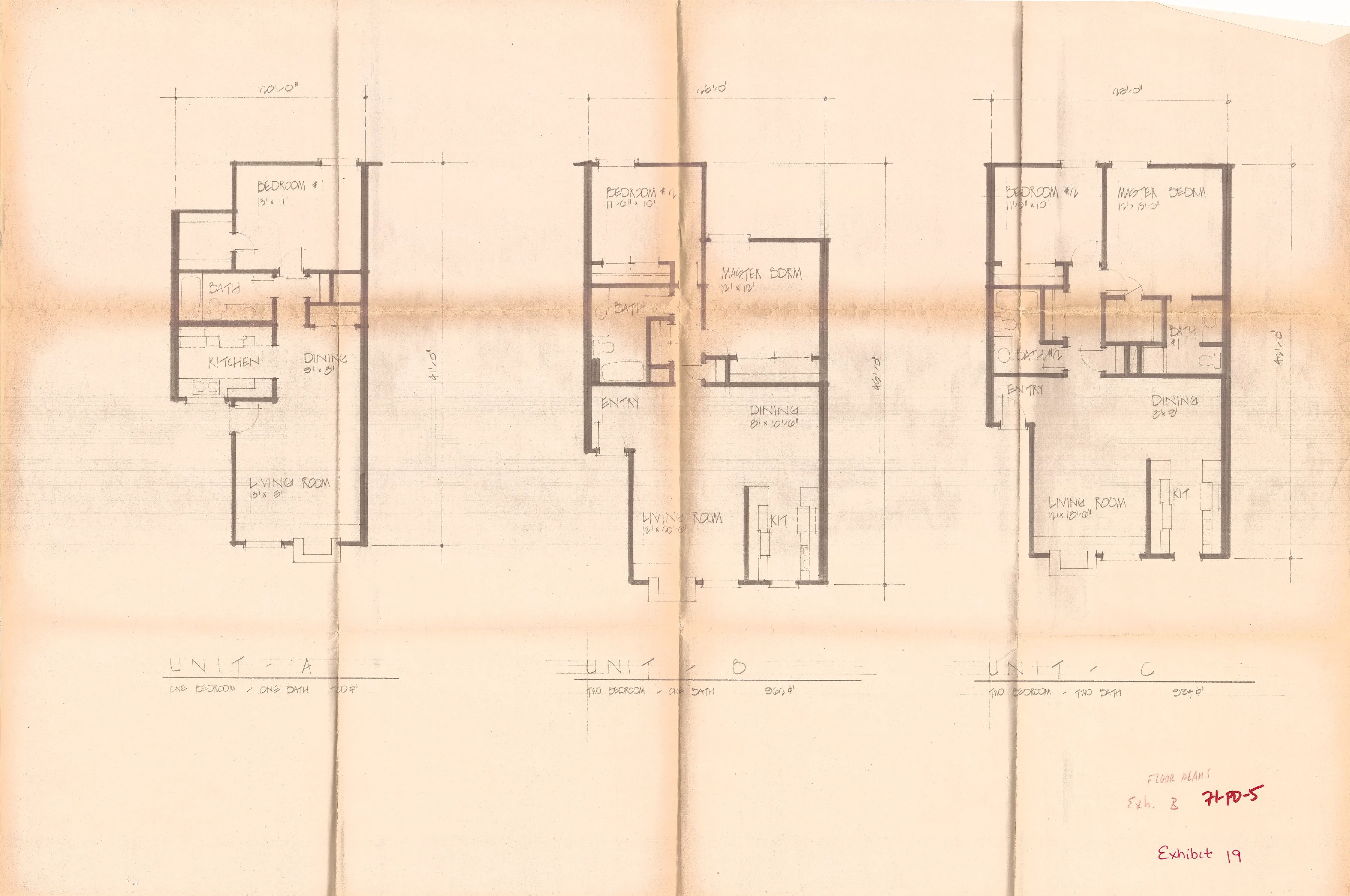 Floor plans for Lake Knolls Apartments Units A, B, and C, showing one-bedroom and two-bedroom layouts with living rooms, kitchens, dining areas, and baths.