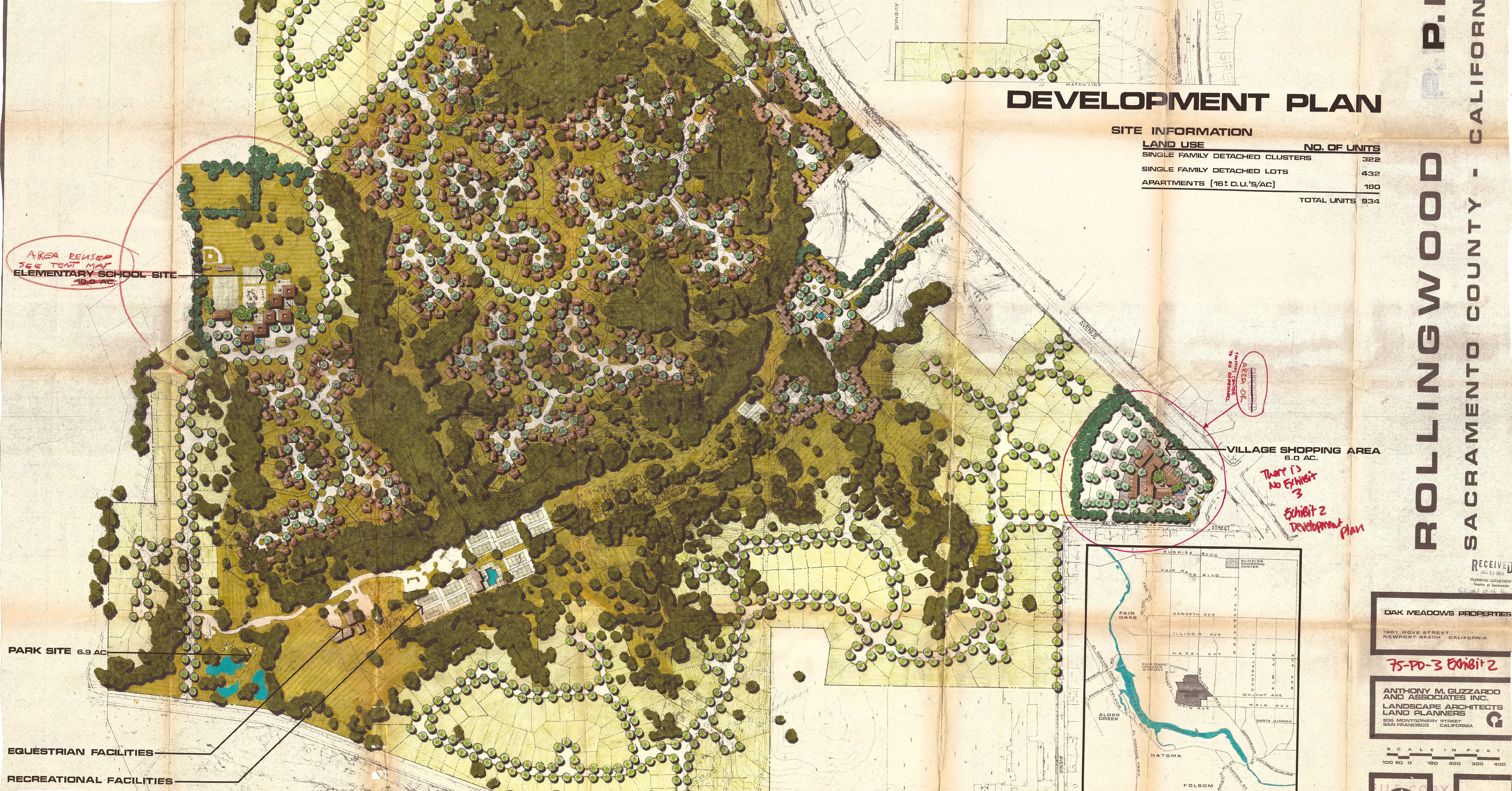 Exhibit 2 - The Development Plan for Rollingwood showing the clustered development, park site, equestrian facilities, recreational facilities, and village shopping area in detail.