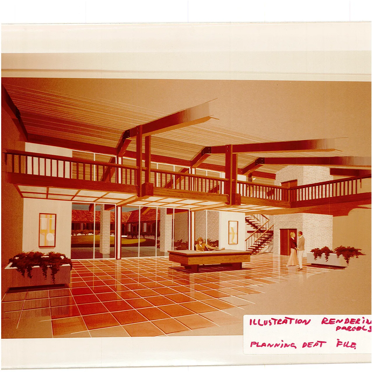 Color rendering of the proposed building’s two-story lobby with exposed wood beams, a railed second-floor balcony, a staircase, tile flooring, and windows overlooking a landscaped courtyard.
