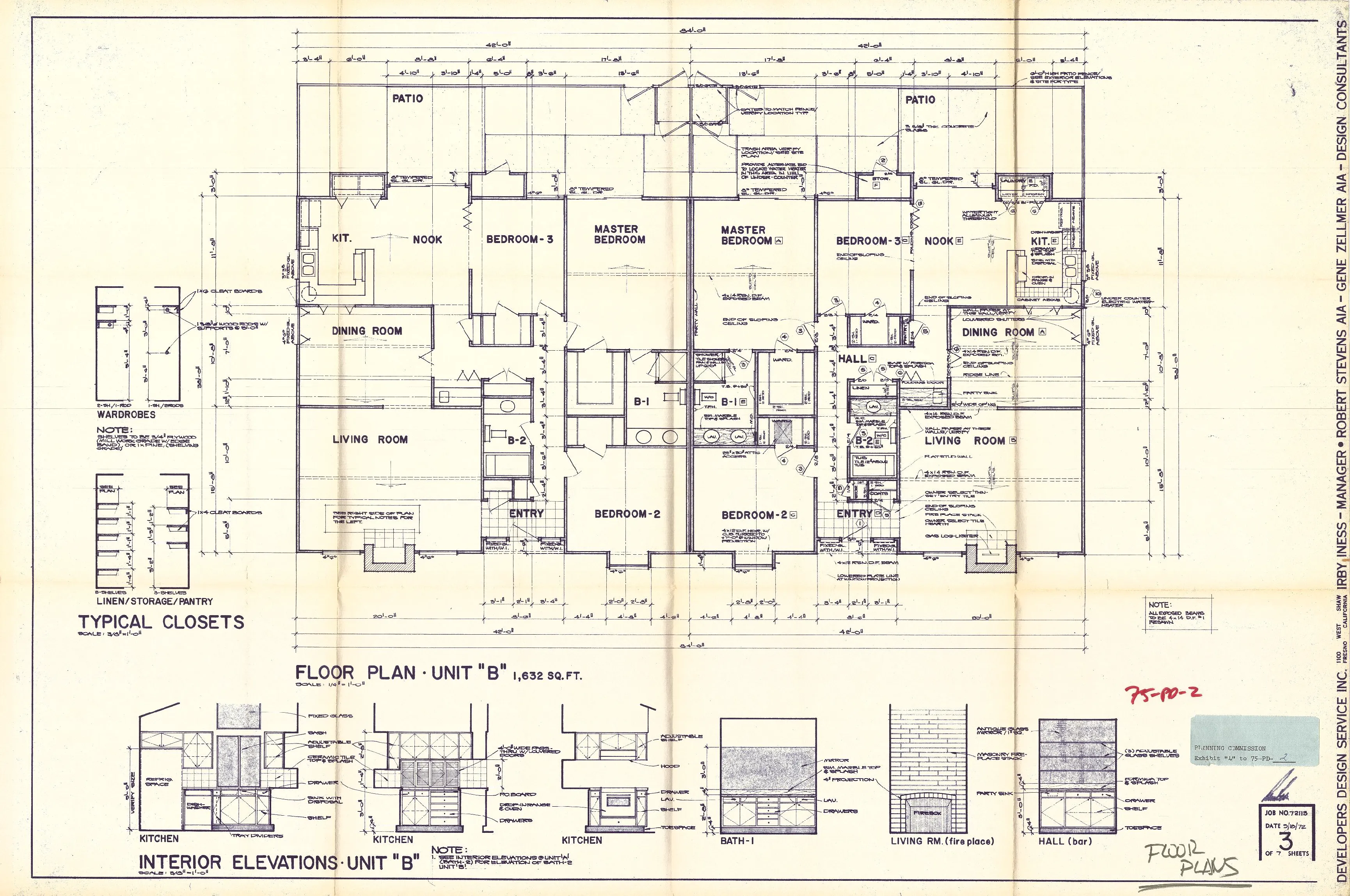 Floor plan of Unit “B” - includes two 3-bedroom units.