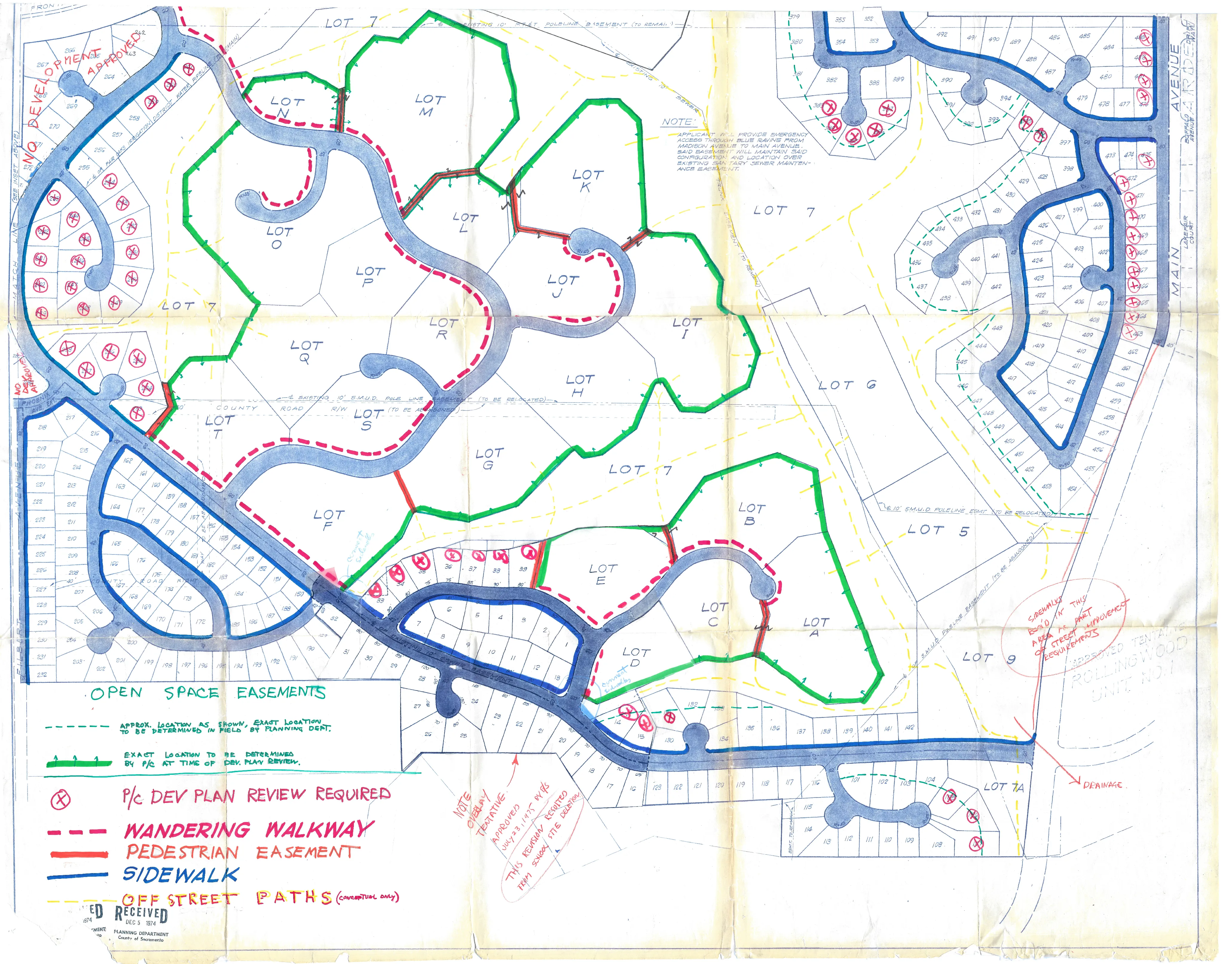 Exhibit 4 - The bottom half of the Tentative Subdivision Map. Shows proposed cluster areas with different lots requiring Development Plan Review to the Planning Commission.