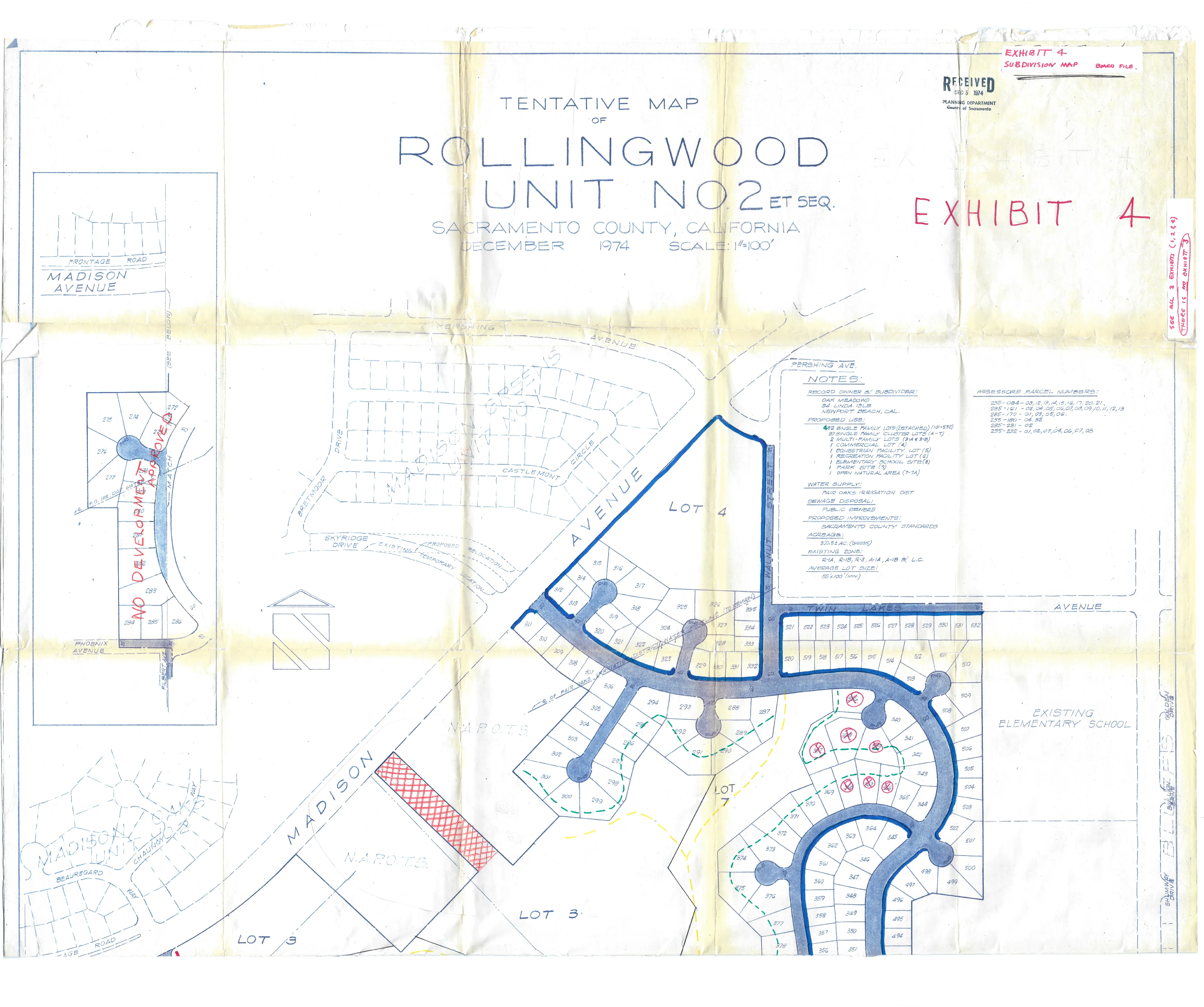 Exhibit 4 - The top half of the Tentative Subdivision Map. Some lots in the northeast quadrant require Development Plan Review to the Planning Commission.