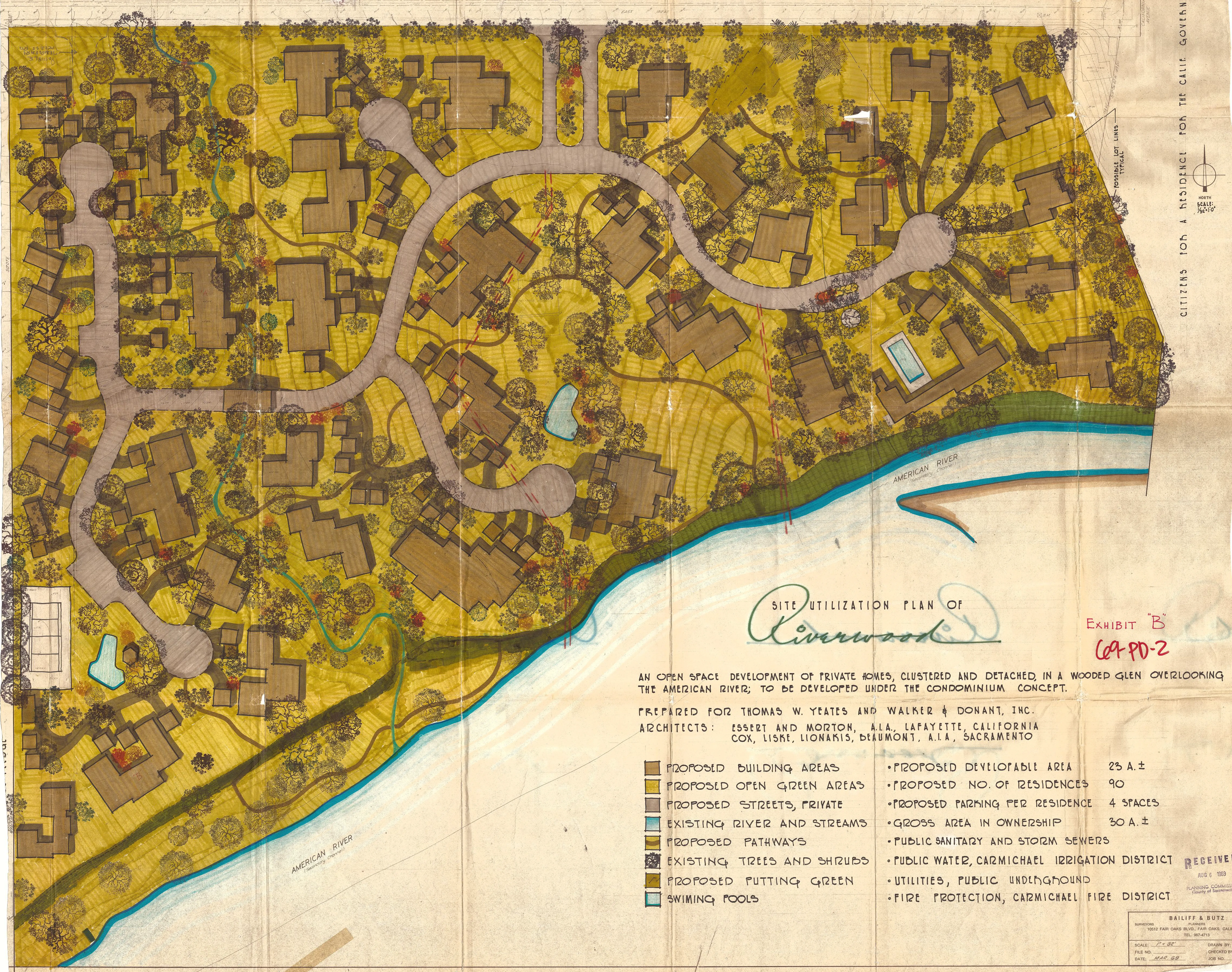 Site utilization plan of Riverwood, an open-space development of clustered private homes overlooking the American River, showing proposed building areas, open green areas, private streets, pathways, a putting green, and swimming pools, with a development-statistics legend.