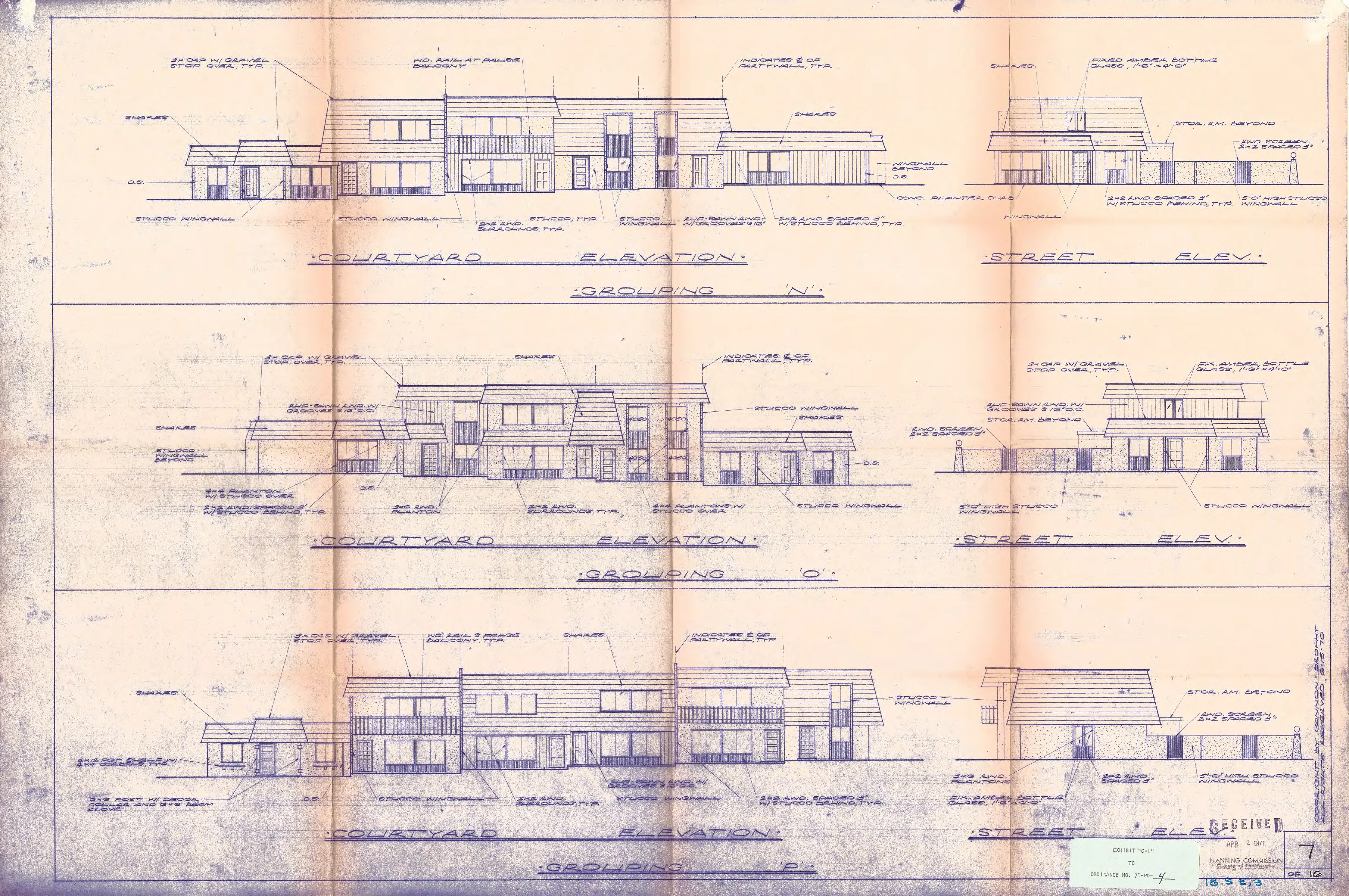 Architectural courtyard and street elevation drawings for a two-story townhouse grouping, detailing shake roofs, stucco wing walls, patio screens, and exterior material notes.