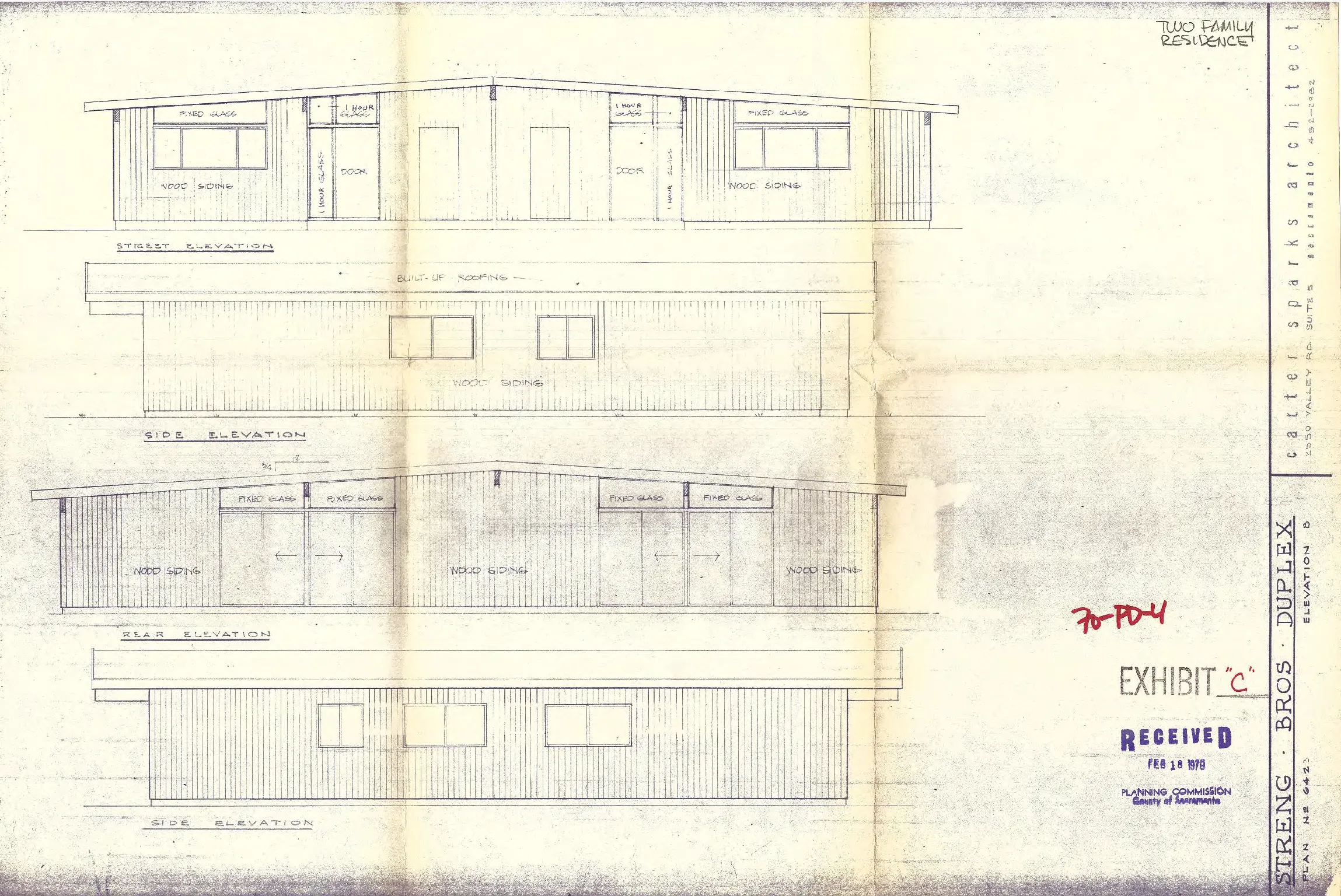 Elevation plan for a single story attached dwelling.