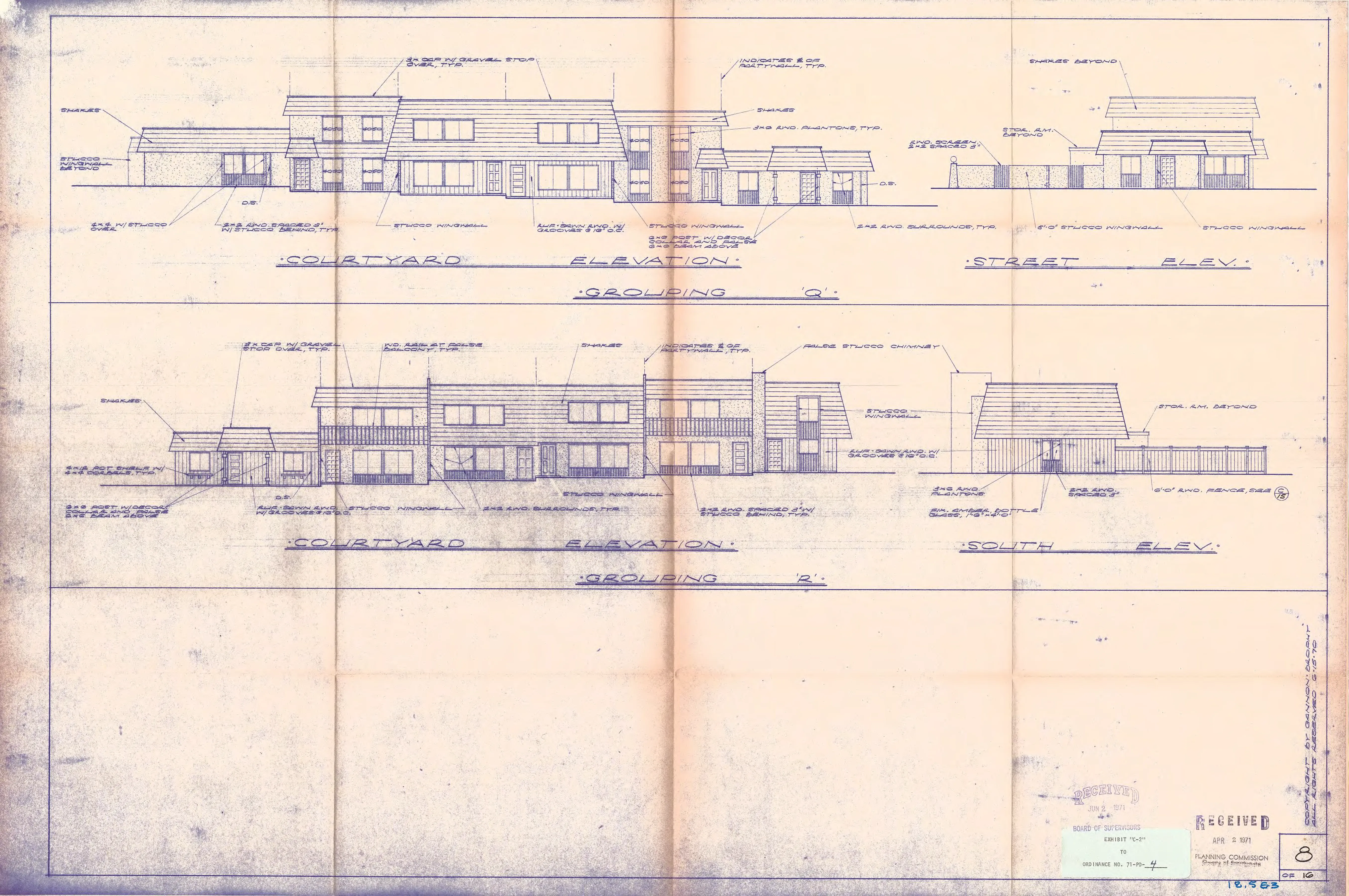 Architectural courtyard, street, and south elevation drawings for a townhouse grouping, showing shake roofs, stucco wing walls, and a false stucco chimney.