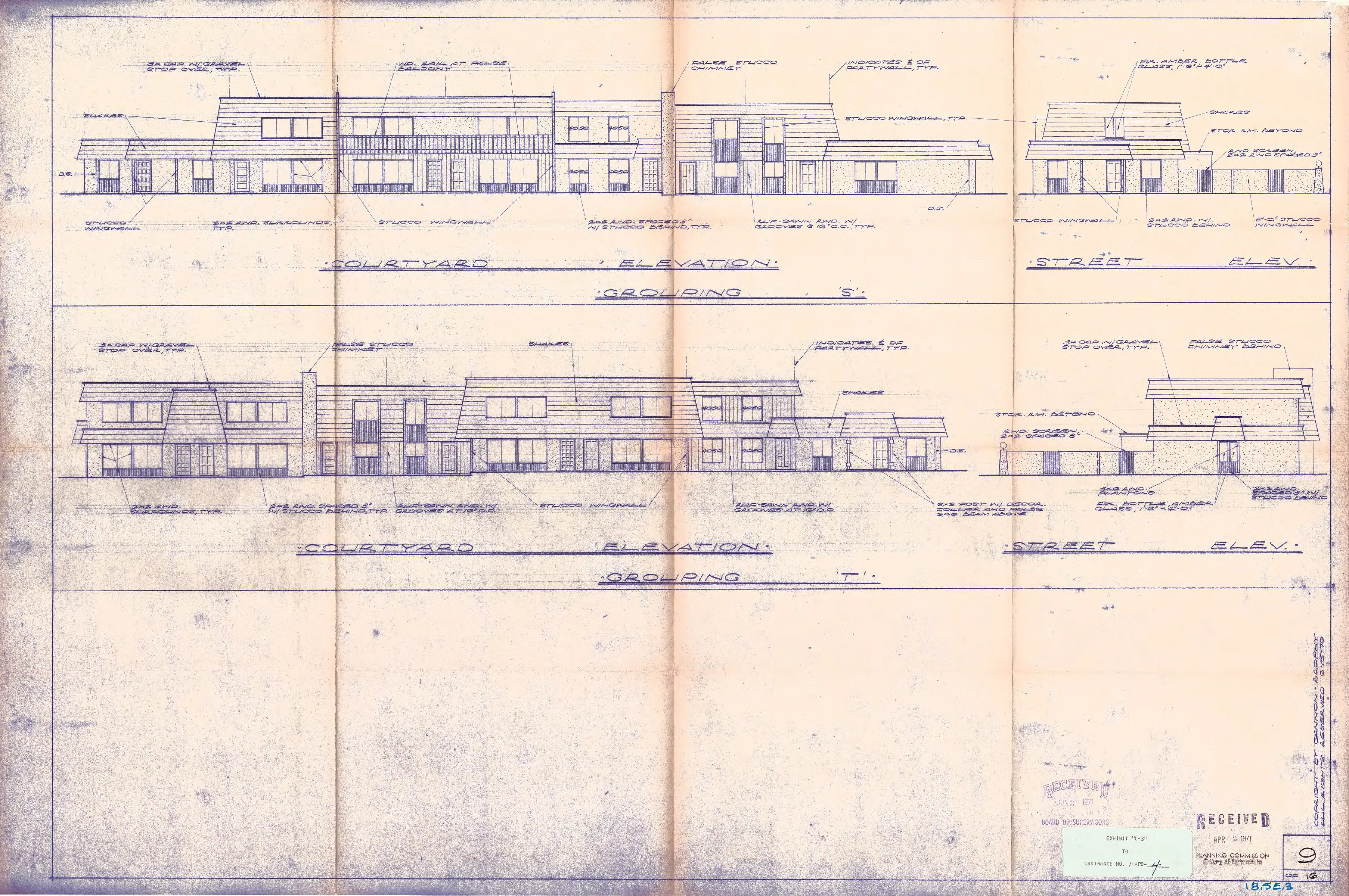 Architectural courtyard and street elevation drawings for a townhouse grouping, noting amber bottle-glass windows, shake roofs, and stucco wing walls.