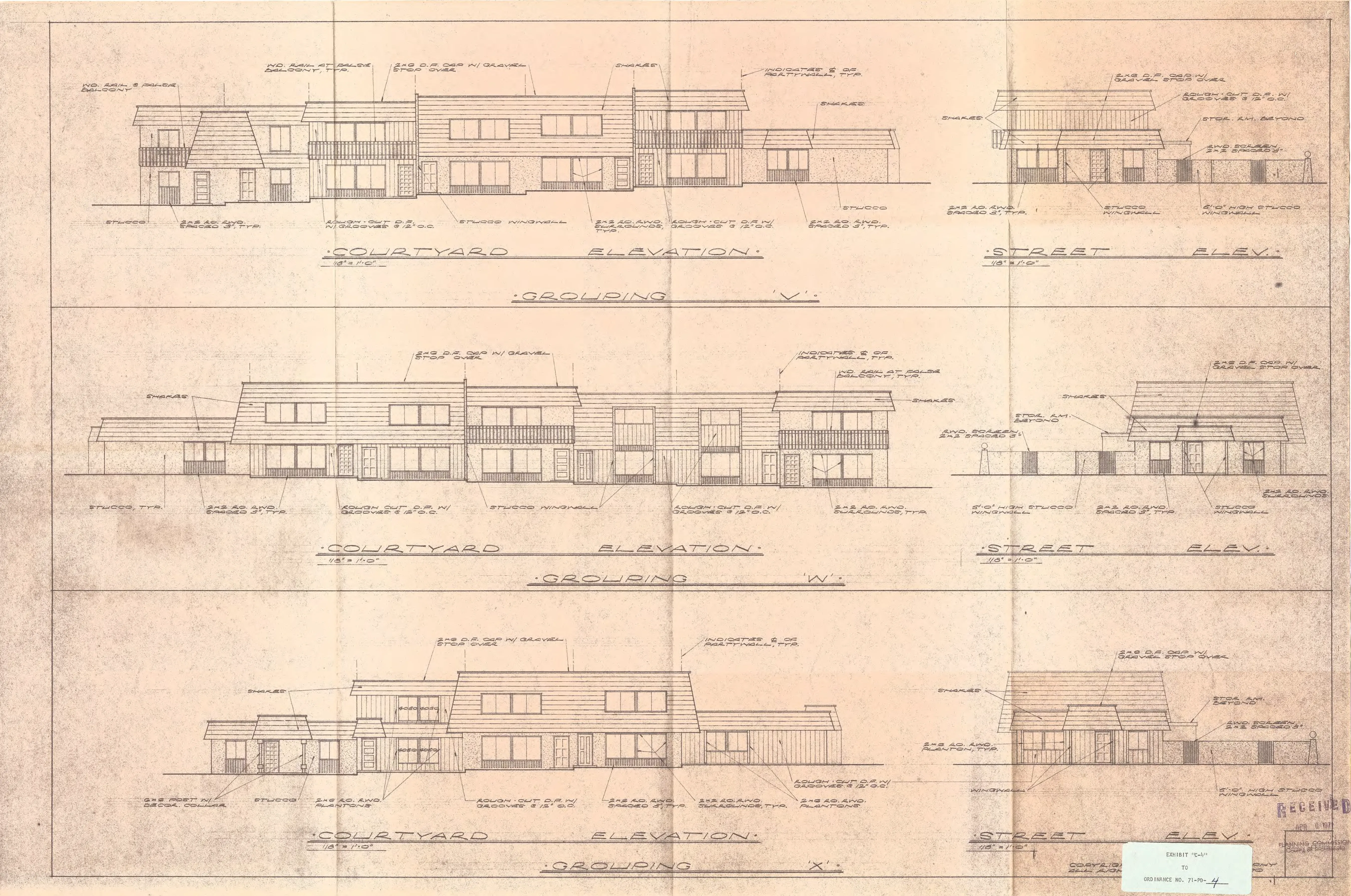 Three sets of courtyard and street elevation drawings for townhouse groupings, showing shake roofs, stucco wing walls, and gravel-stop cornices.