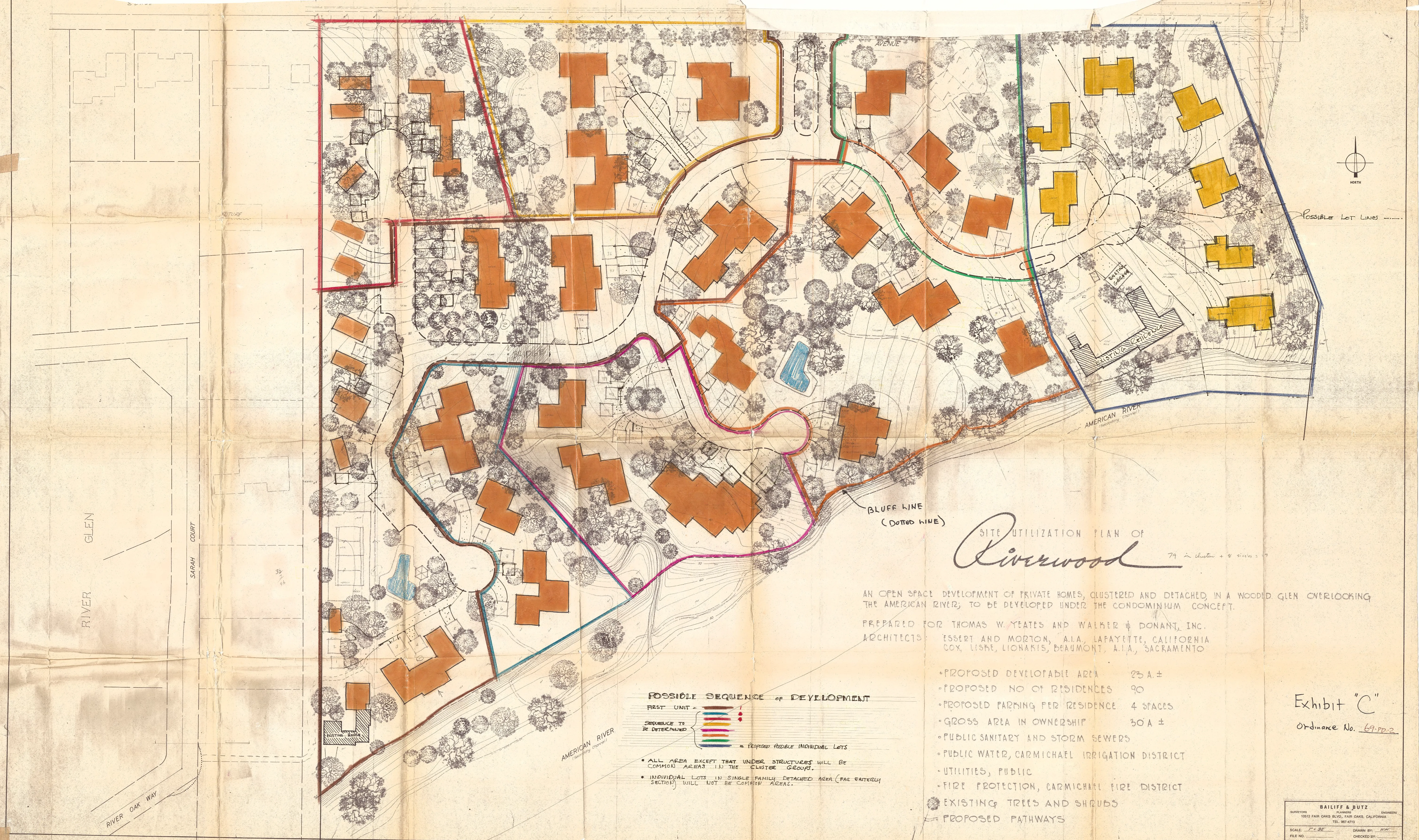 Site utilization plan of Riverwood showing a possible sequence of development, proposed individual lot lines, common areas, pathways, and the bluff line along the American River, with a development-statistics legend.