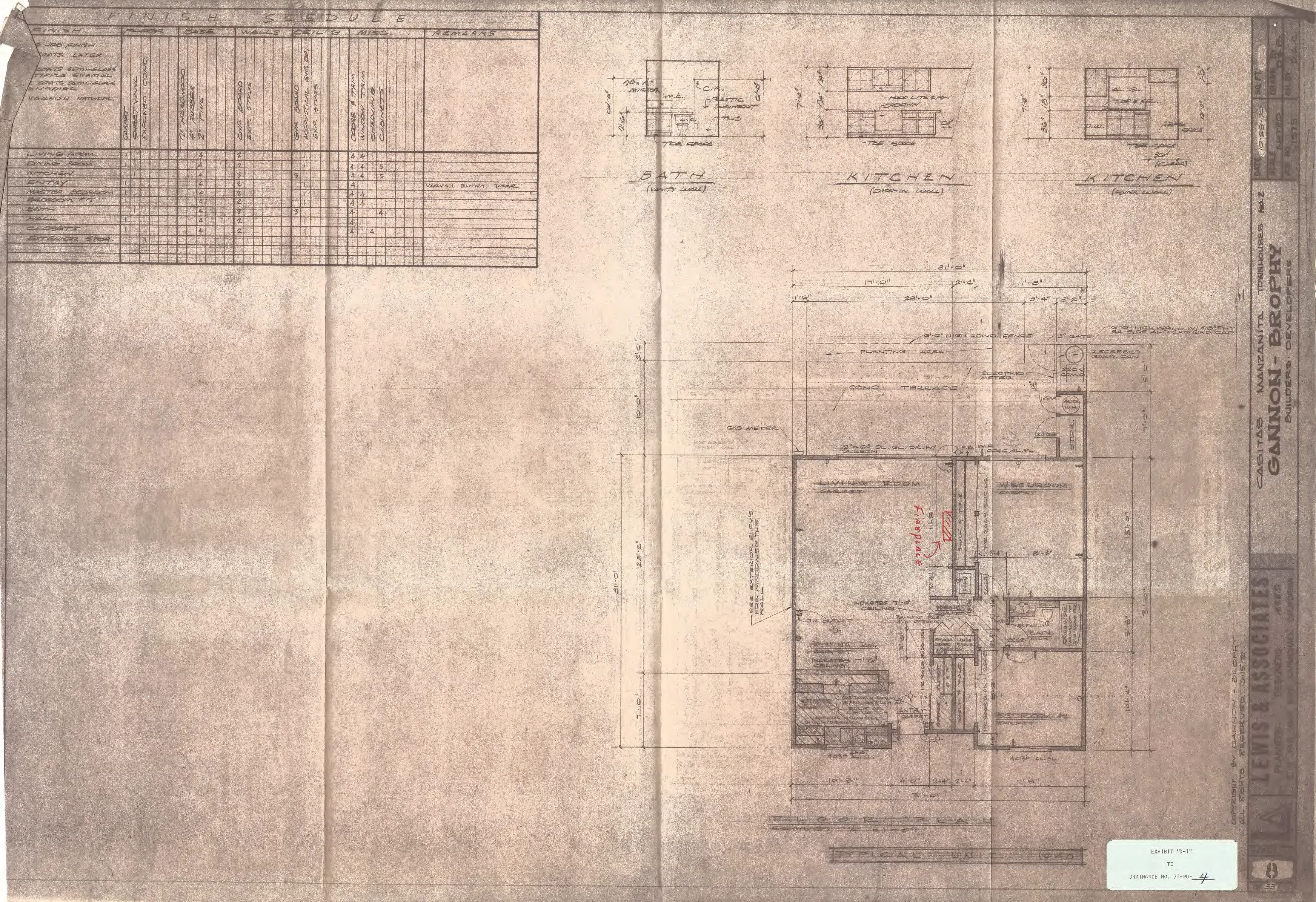Floor plan of a Casitas Manzanita townhouse unit showing living room, kitchen, master bedroom, bath, terrace, and fenced planting area, accompanied by a finish schedule.