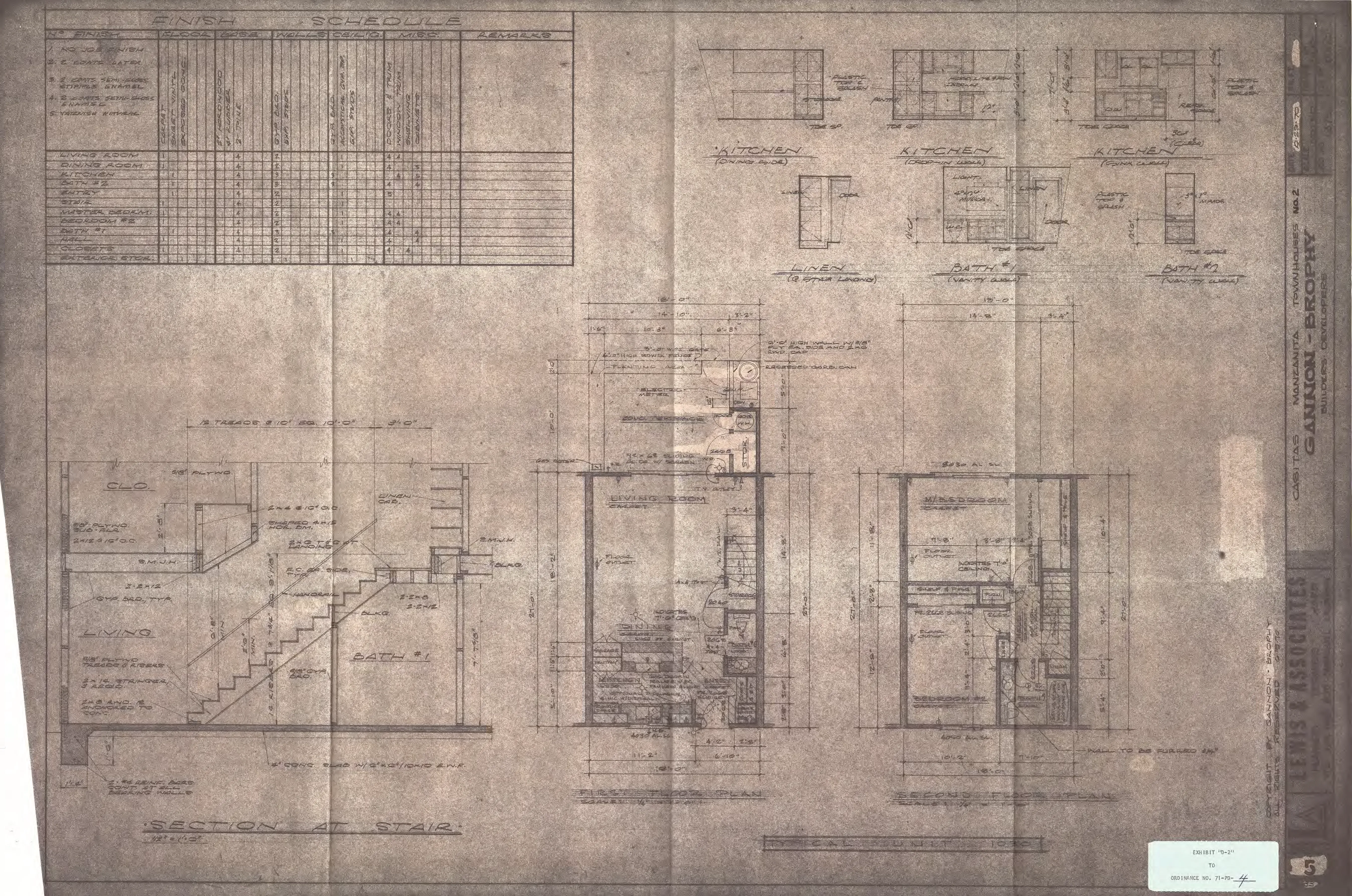 Floor plans and stair section for a townhouse unit showing living room, kitchen, baths, and stair landing, accompanied by a finish and materials schedule.
