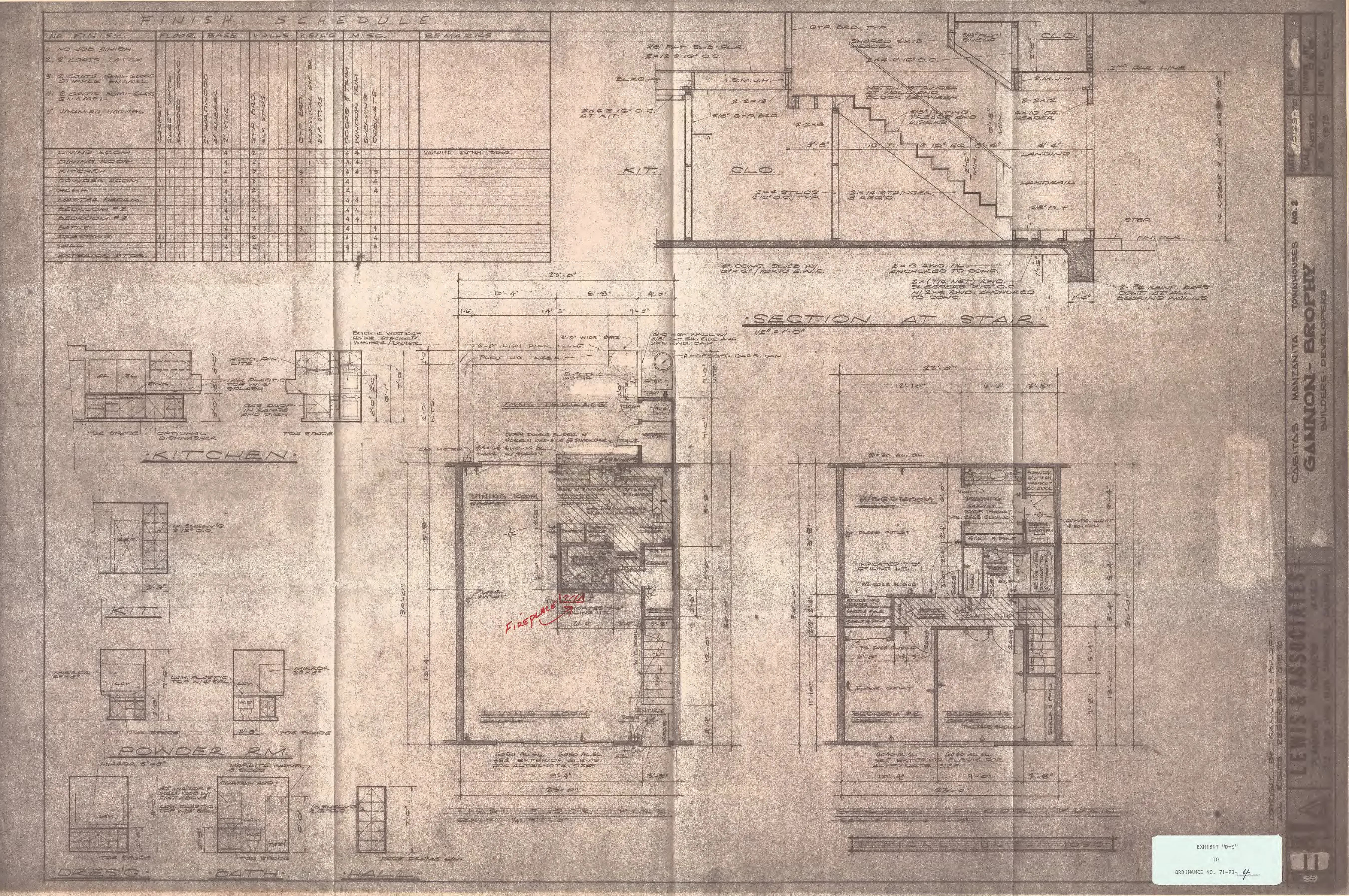 First- and second-floor plans with a stair section for a Casitas Manzanita townhouse, including living and dining rooms, kitchen, and master bedroom, accompanied by a finish schedule.
