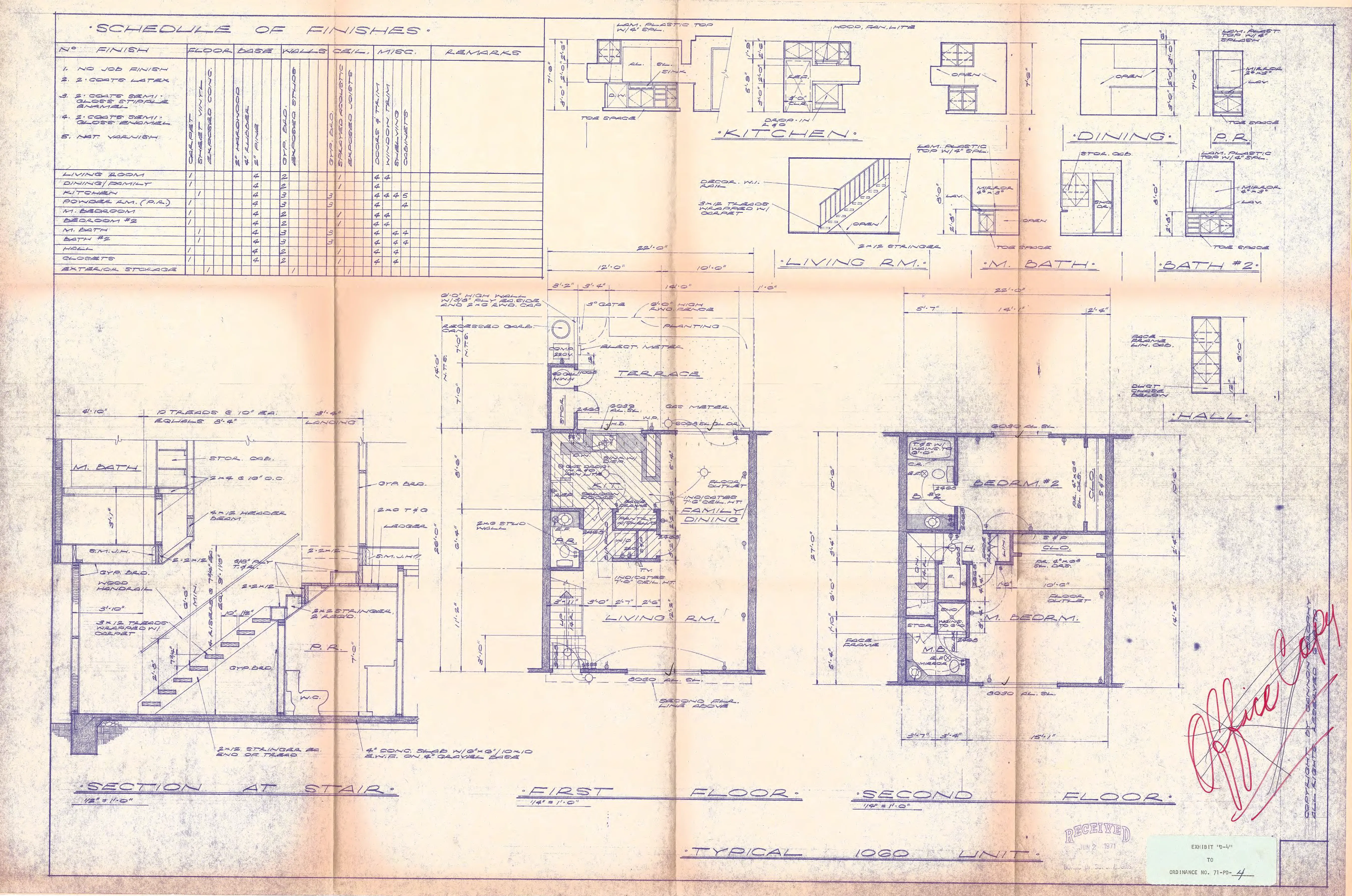 First- and second-floor plans and a stair section for a typical 1,060-square-foot townhouse unit, showing living room, dining and family area, kitchen, two bedrooms, baths, and terrace, with a schedule of finishes.