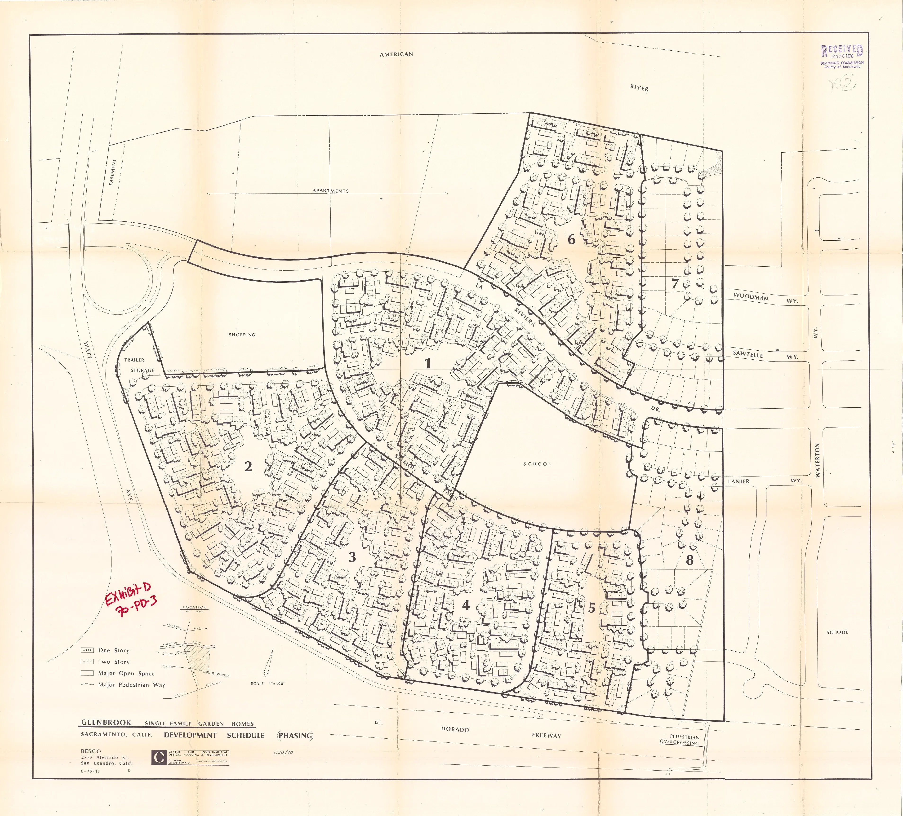 Map of the Phasing for the PD, showing 8 phases: 6 townhouse phases (1-6) and 2 single-family phases (7-8).