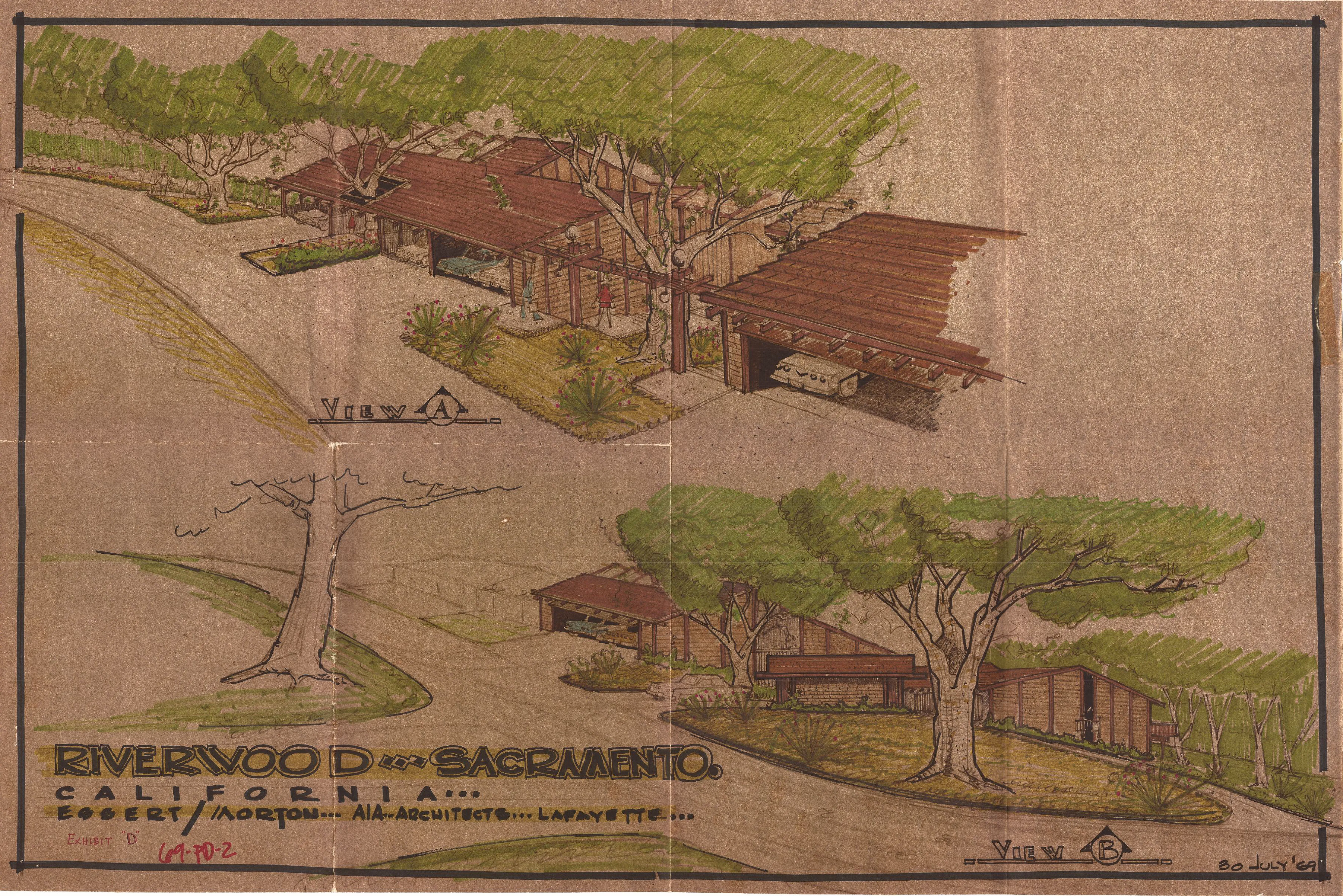 Colored architectural rendering of the Riverwood homes, showing two perspective views (View A and View B) of single-story residences with carports set among trees.