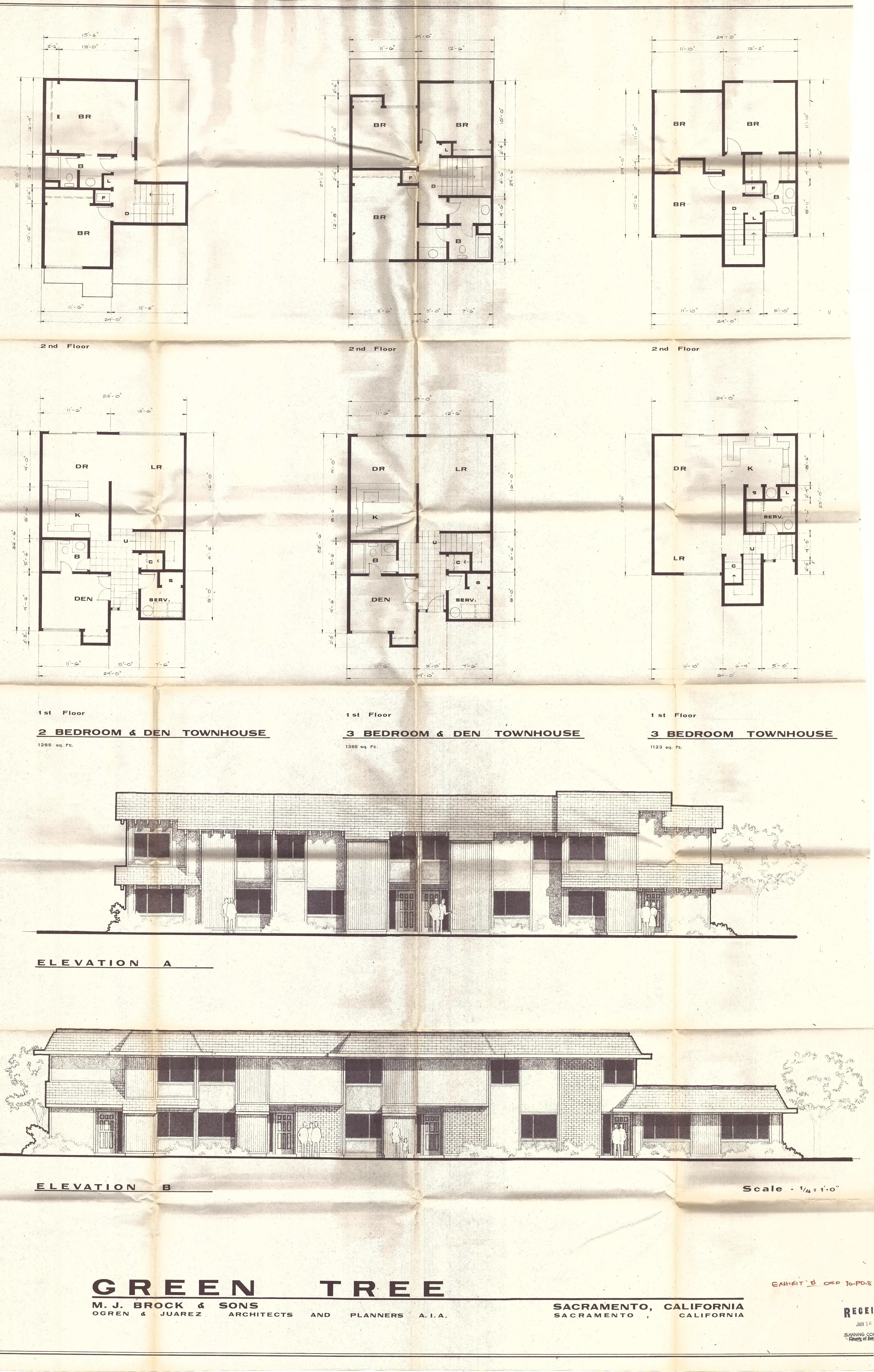 Elevations and Floor Plans for three models (2 Bedroom & Den, 3 Bedroom & Den, 3 Bedroom)