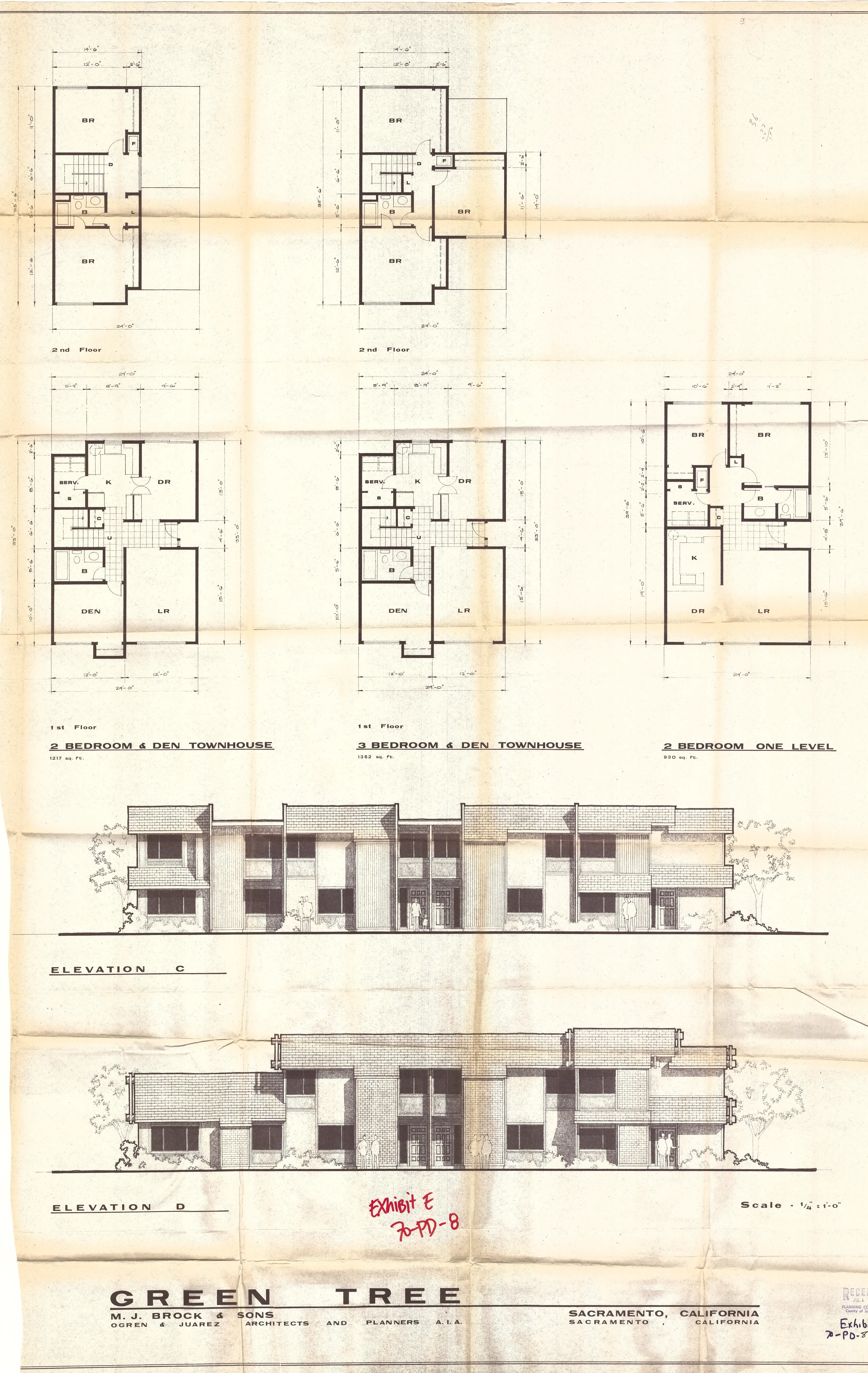 Elevations and Floor Plans for three models (2 Bedroom & Den, 3 Bedroom & Den, 2 Bedroom One Level)