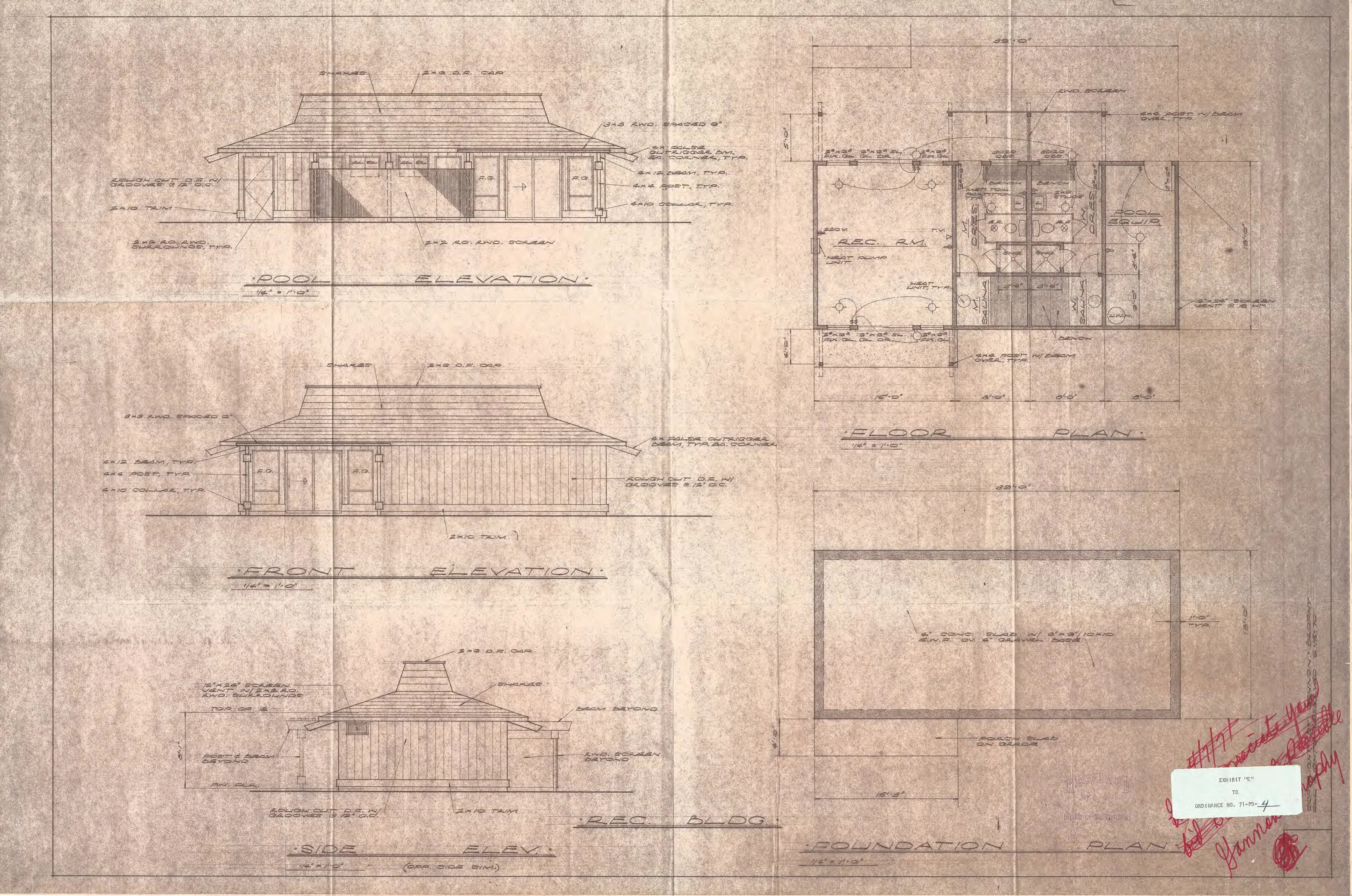 Front and side elevations, floor plan, and foundation plan of the recreation building and cabana, including the heat-pump equipment room and an adjoining pool elevation.