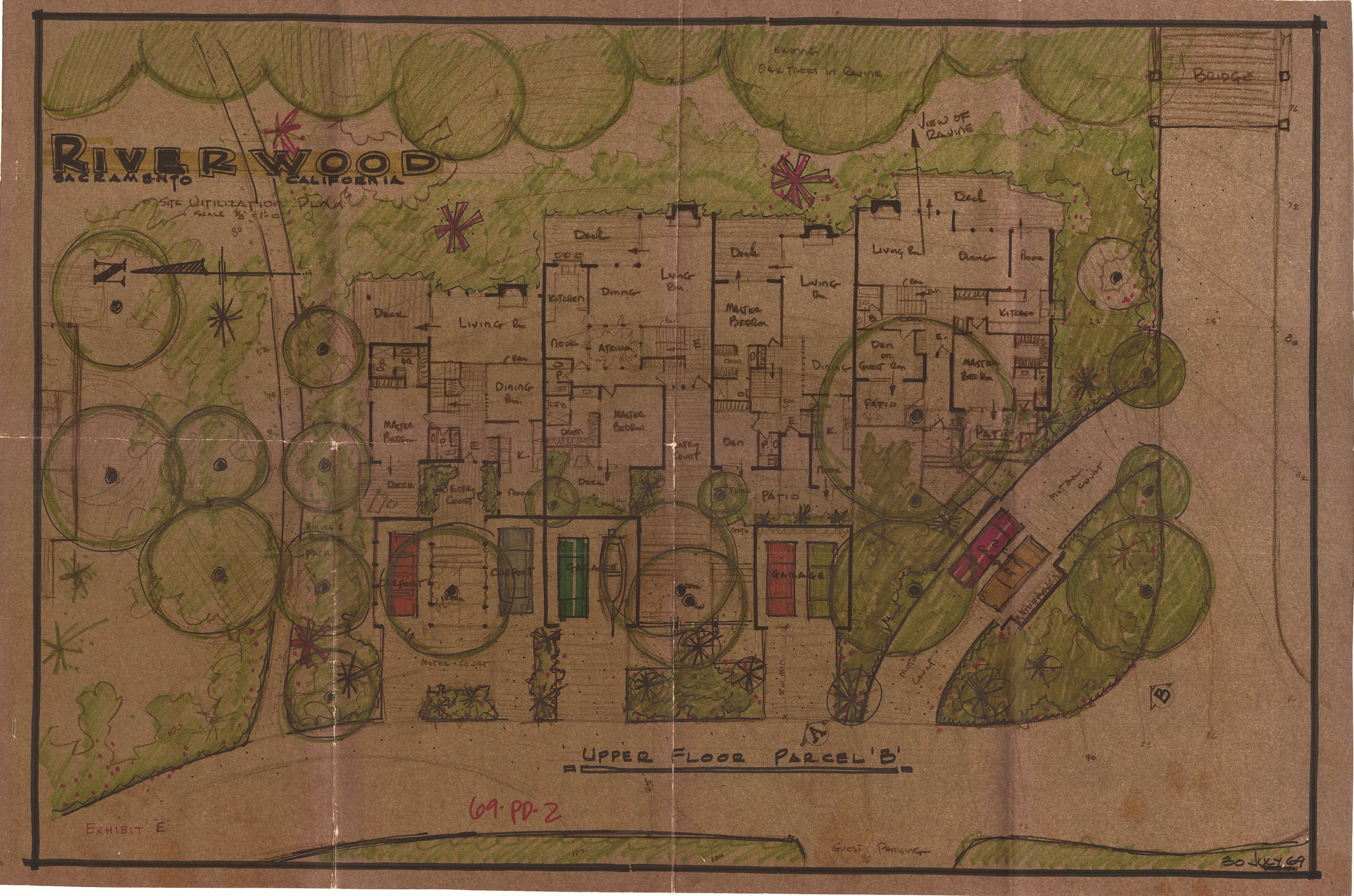 Colored site utilization plan showing the upper-floor layout of Parcel B at Riverwood, with living, dining, kitchen, master bedroom, den, patio, deck, and garage spaces set among oak trees near the ravine.