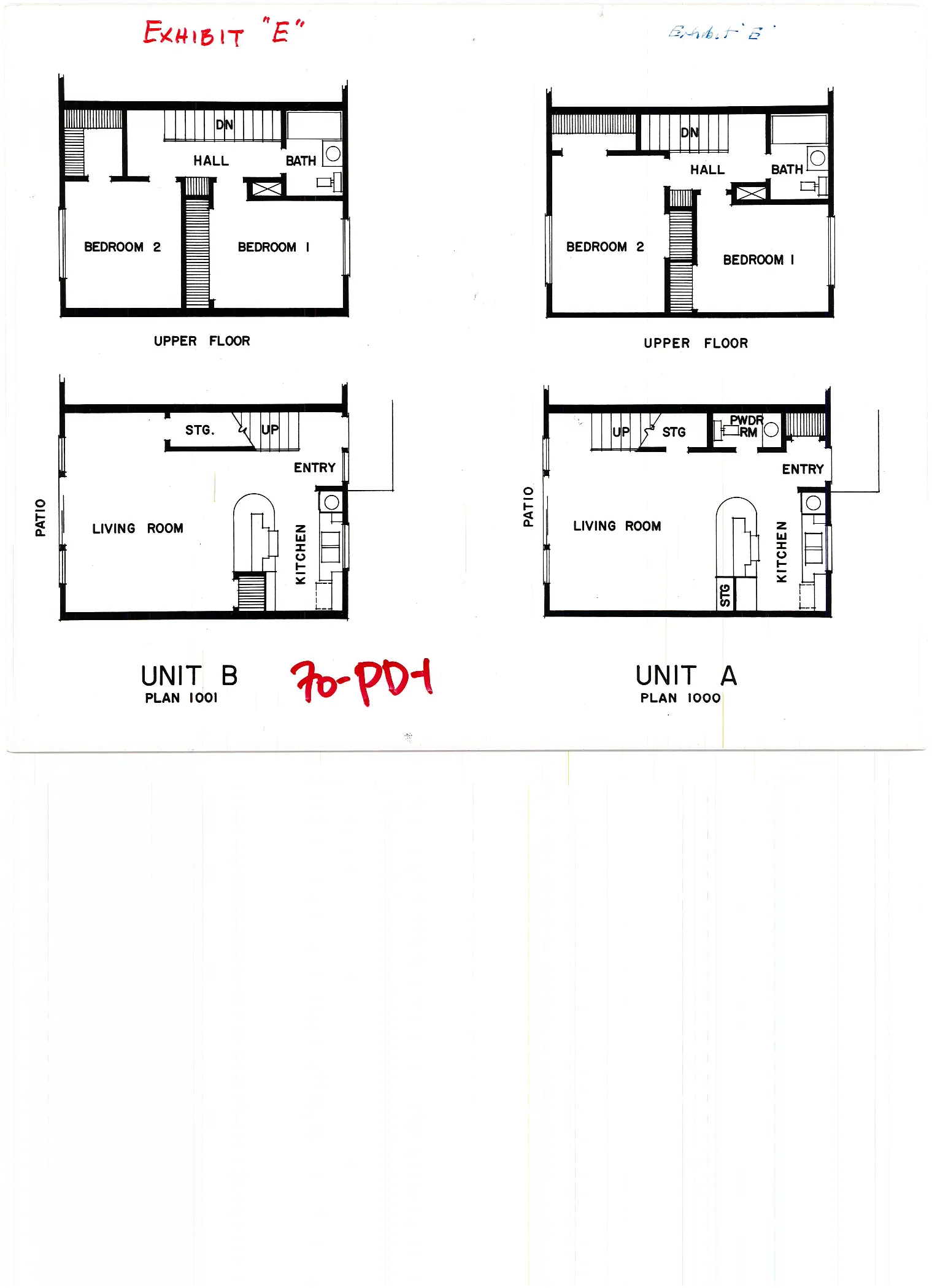 Floor Plan of Plans 1001 and 1000, two bedroom, two story units