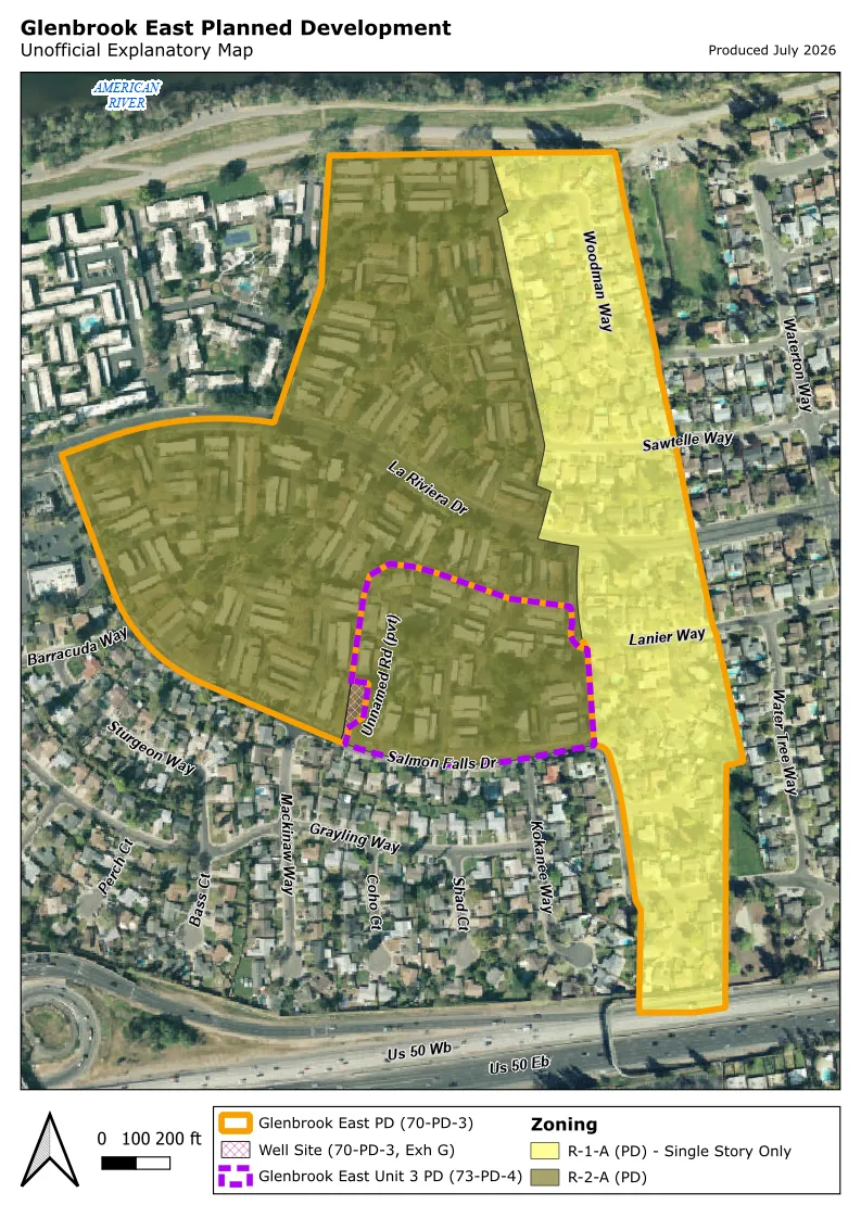 Modern aerial map from 2026 showing the bounds of the Glenbrook East PD, bounds of the Glenbrook East Unit 3 PD, underlying zones, and the community well site between the two PDs on Salmon Falls Drive.