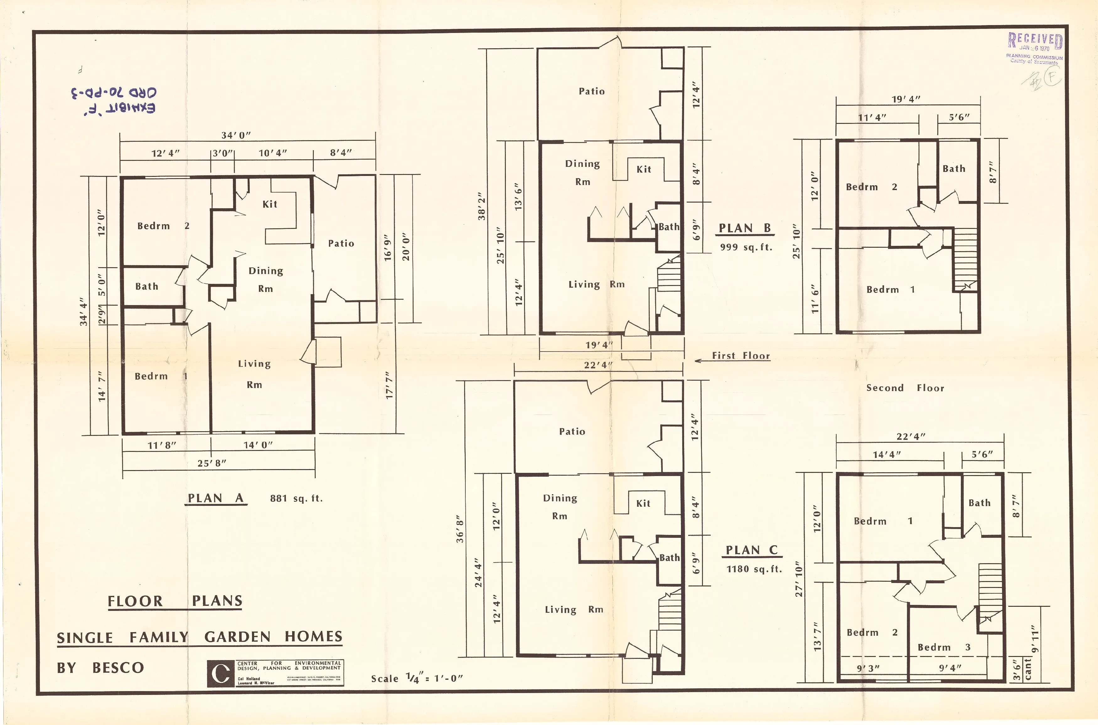 Floor plans for the single-family attached homes, showing Plans A, B, and C.