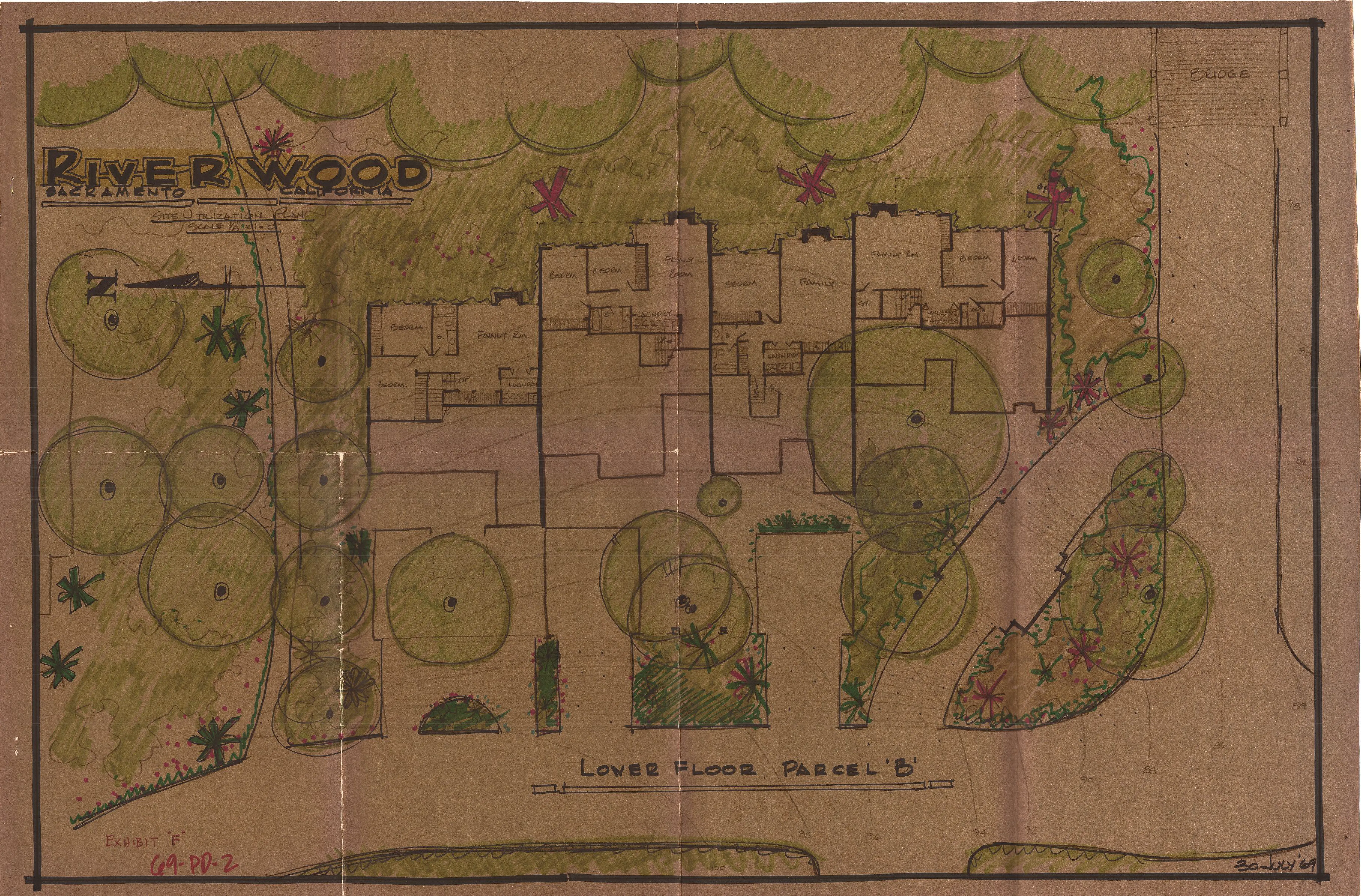 Colored site utilization plan showing the lower-floor layout of Parcel B at Riverwood, with family rooms, bedrooms, and laundry spaces set among trees.
