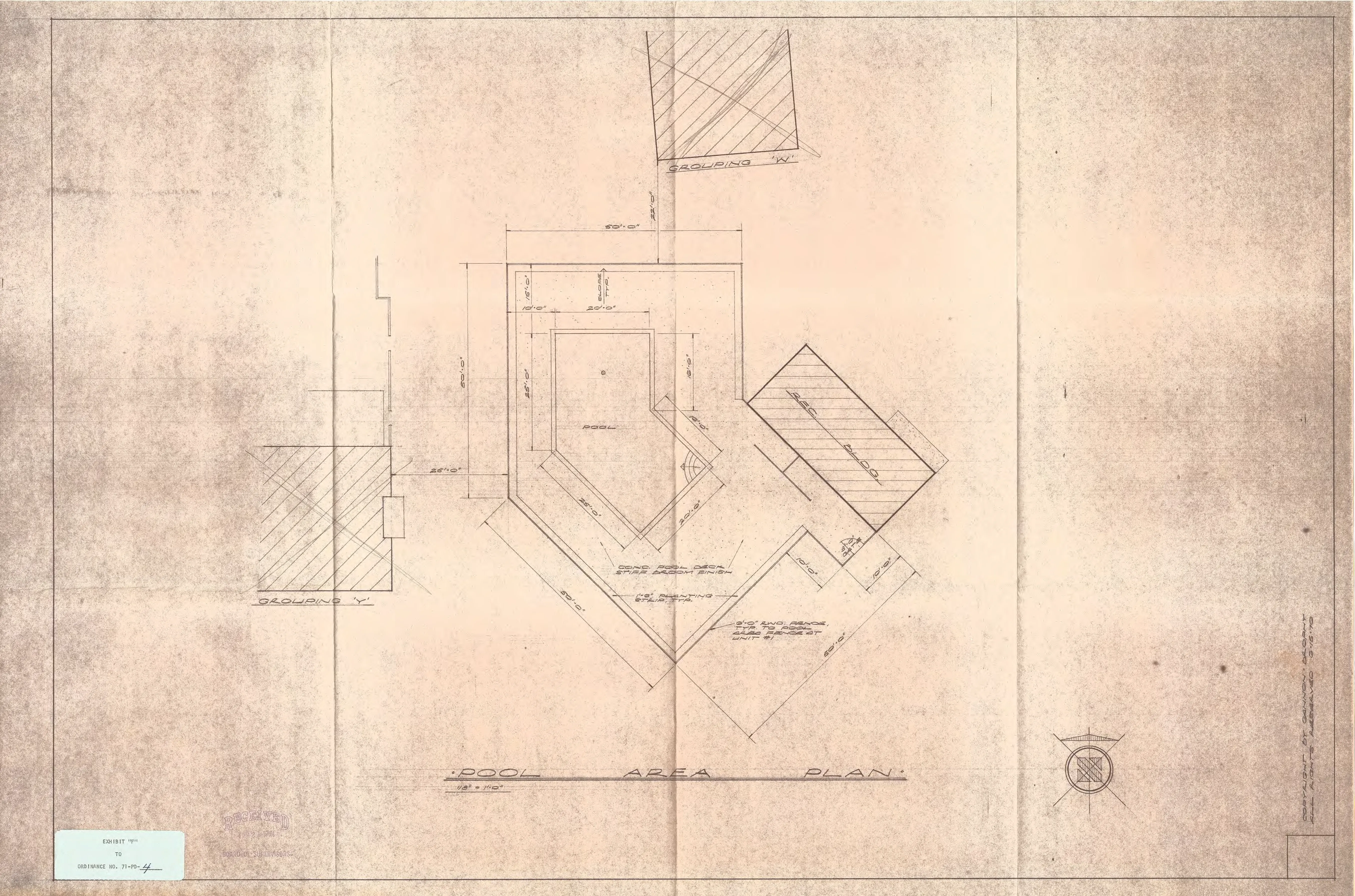 Pool area plan showing the diagonally oriented swimming pool and surrounding recreation area with layout dimensions.
