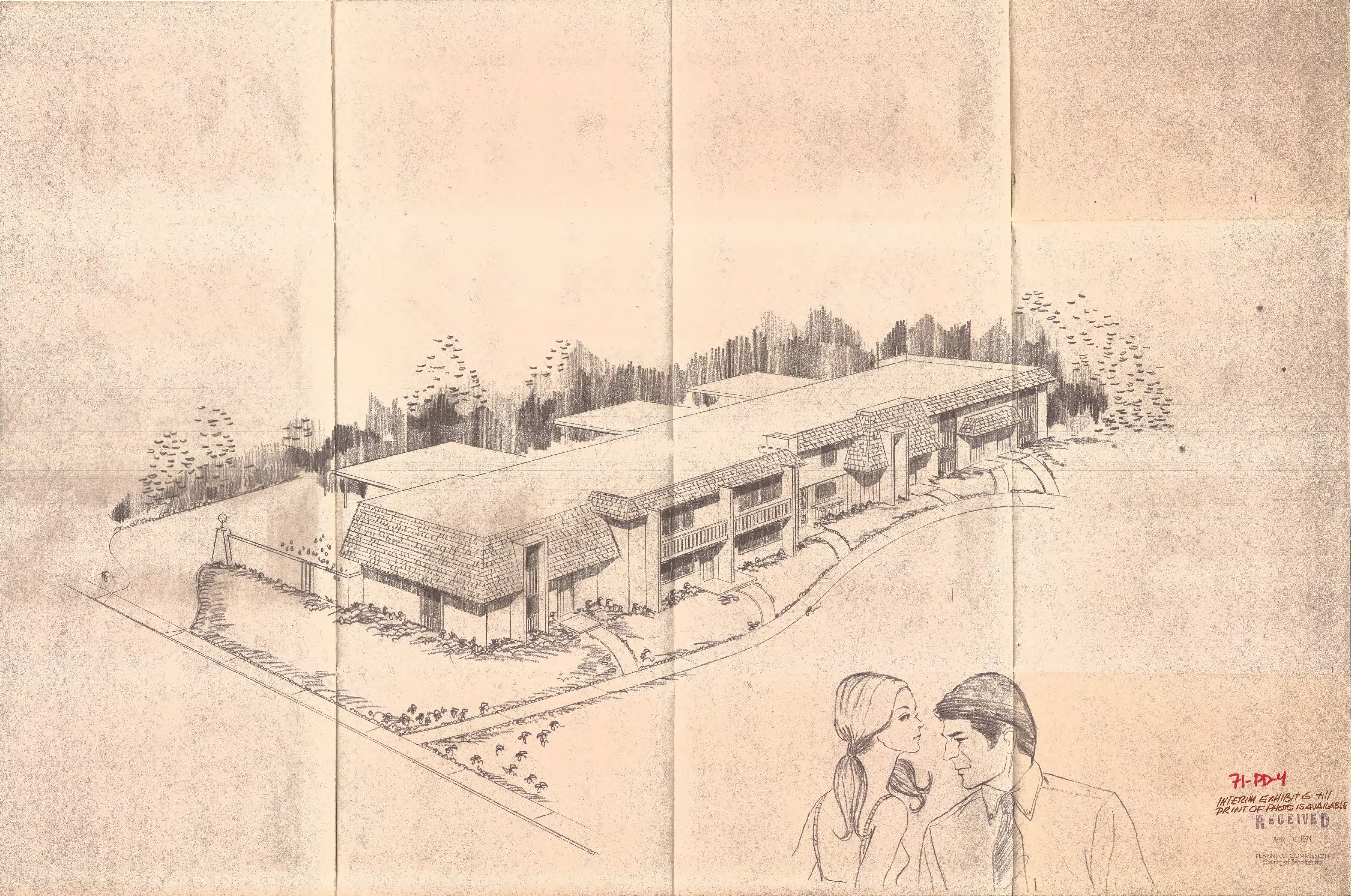 Perspective rendering of the Casitas El Camino development showing low, clustered townhouse buildings amid landscaping, with two figures conversing in the foreground.