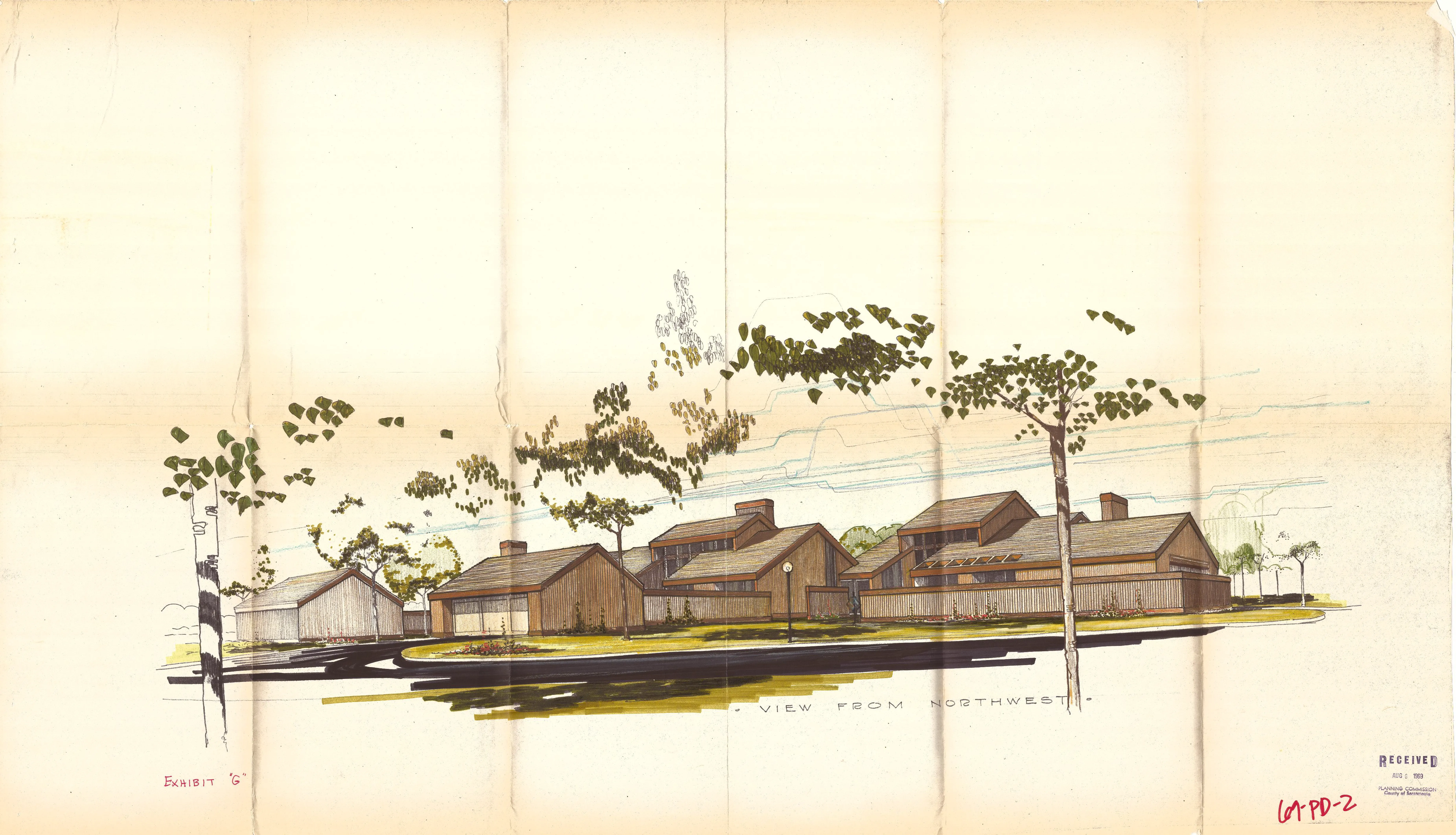 Colored architectural rendering of Riverwood viewed from the northwest, showing clustered low-profile homes among trees.