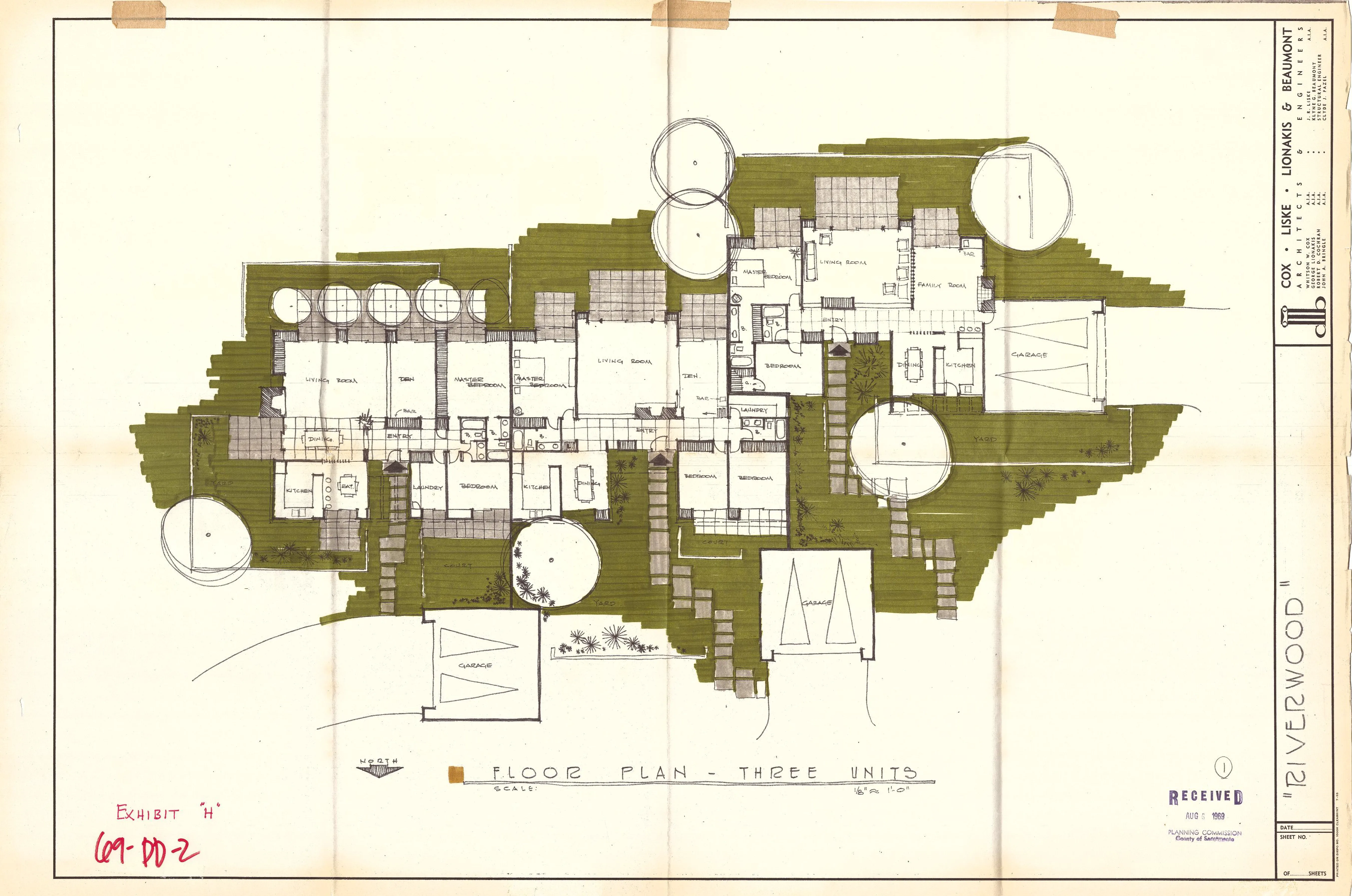 Floor plan of a three-unit Riverwood building group, showing living rooms, bedrooms, kitchens, garages, and courtyards with surrounding trees.